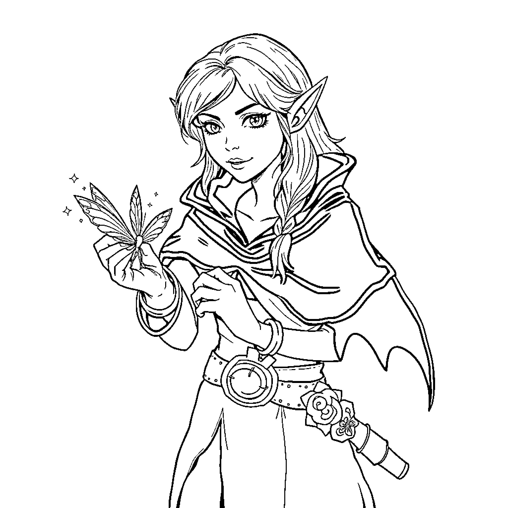 Elf with Butterfly in Hand Coloring Page (free black-and-white line drawing printable PDF for all, from beginners to advanced learners, including children, teens, adults, and seniors)