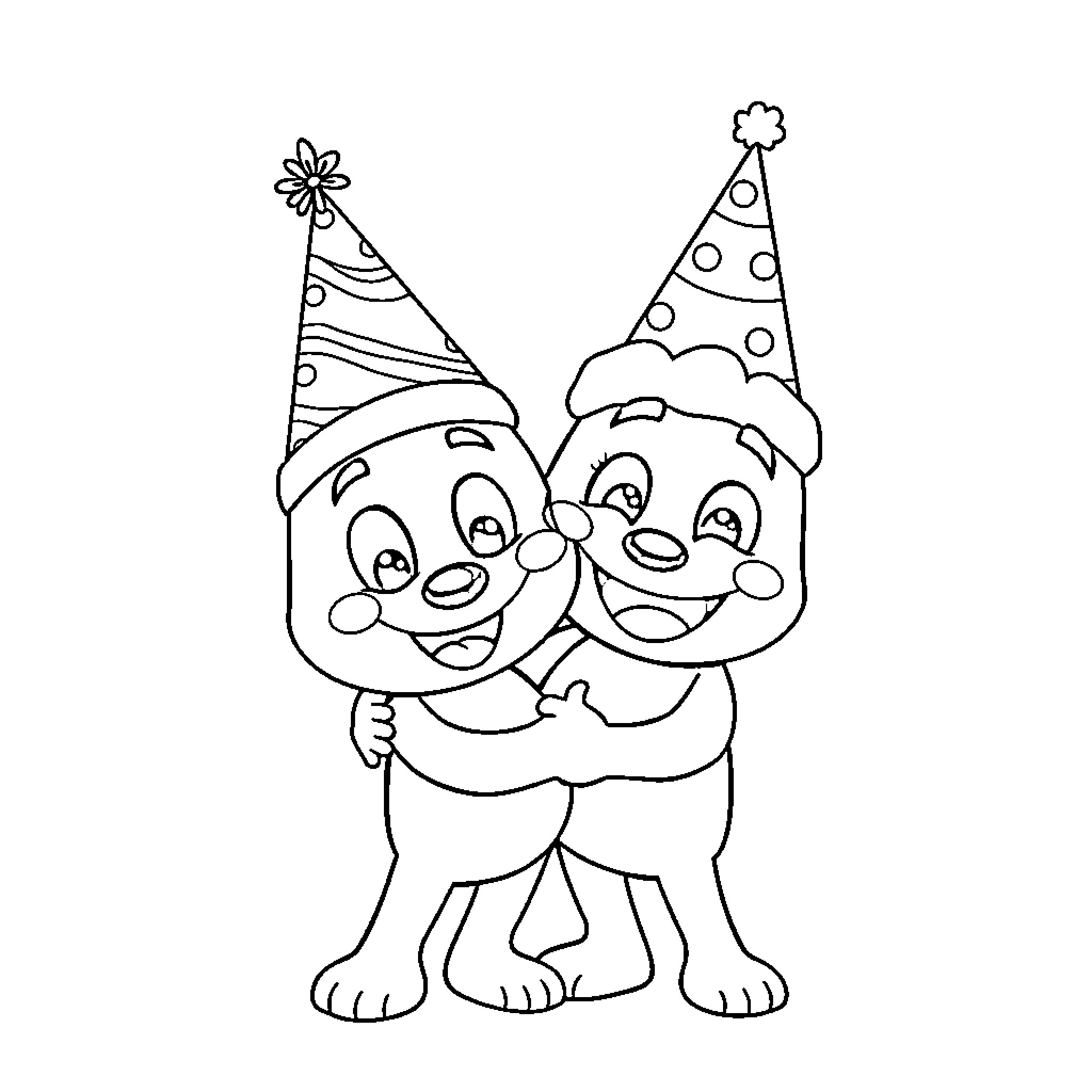 Bluey friends in party hats celebrating Coloring Page (free black-and-white line drawing printable PDF for all, from beginners to advanced learners, including children, teens, adults, and seniors)