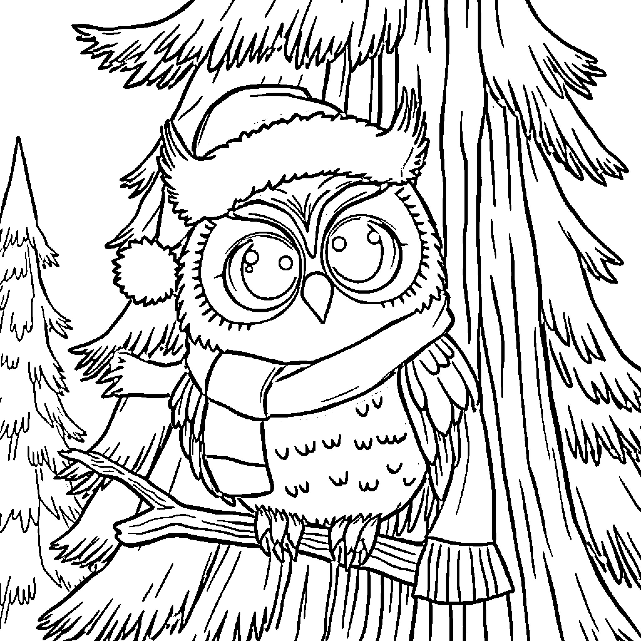 Owl resting on tree branch in forest Coloring Page (free black-and-white line drawing printable PDF for all, from beginners to advanced learners, including children, teens, adults, and seniors)