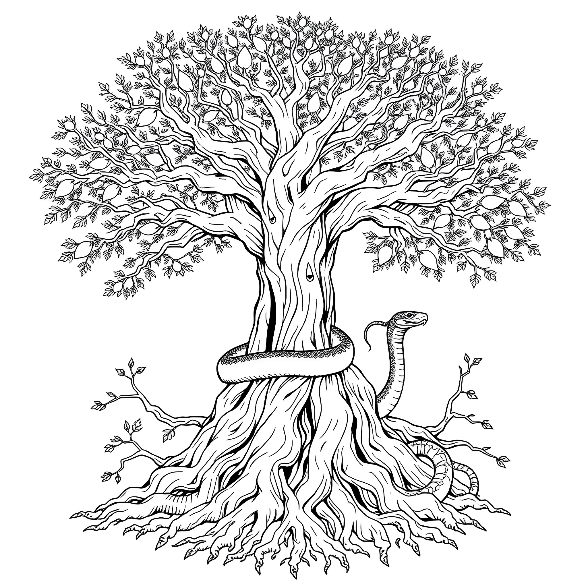 Uktena: Majestic Tree with Serpent Entwined Coloring Page (free black-and-white line drawing printable PDF for all, from beginners to advanced learners, including children, teens, adults, and seniors)