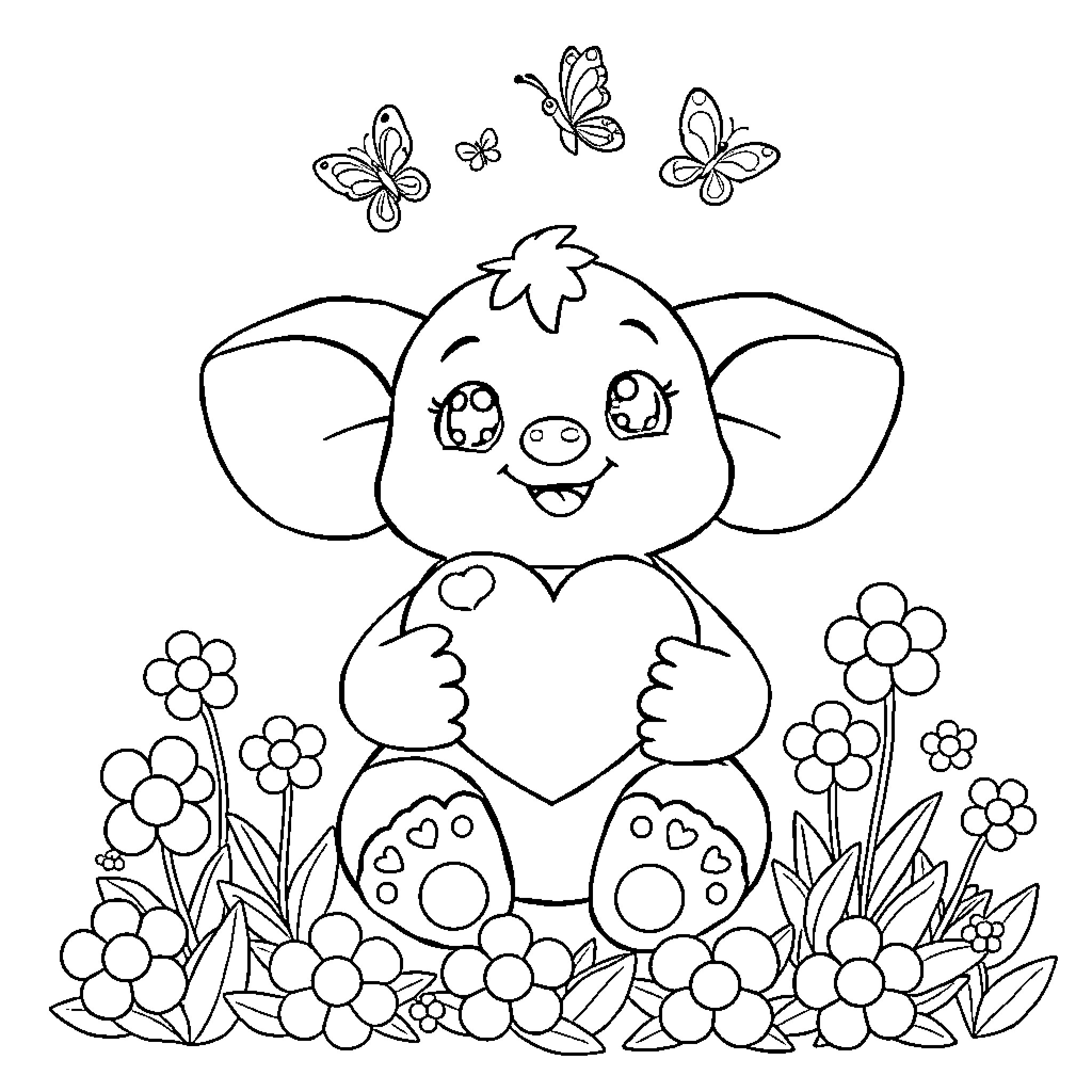 Creature enjoying flowers and butterflies Coloring Page (free black-and-white line drawing printable PDF for all, from beginners to advanced learners, including children, teens, adults, and seniors)