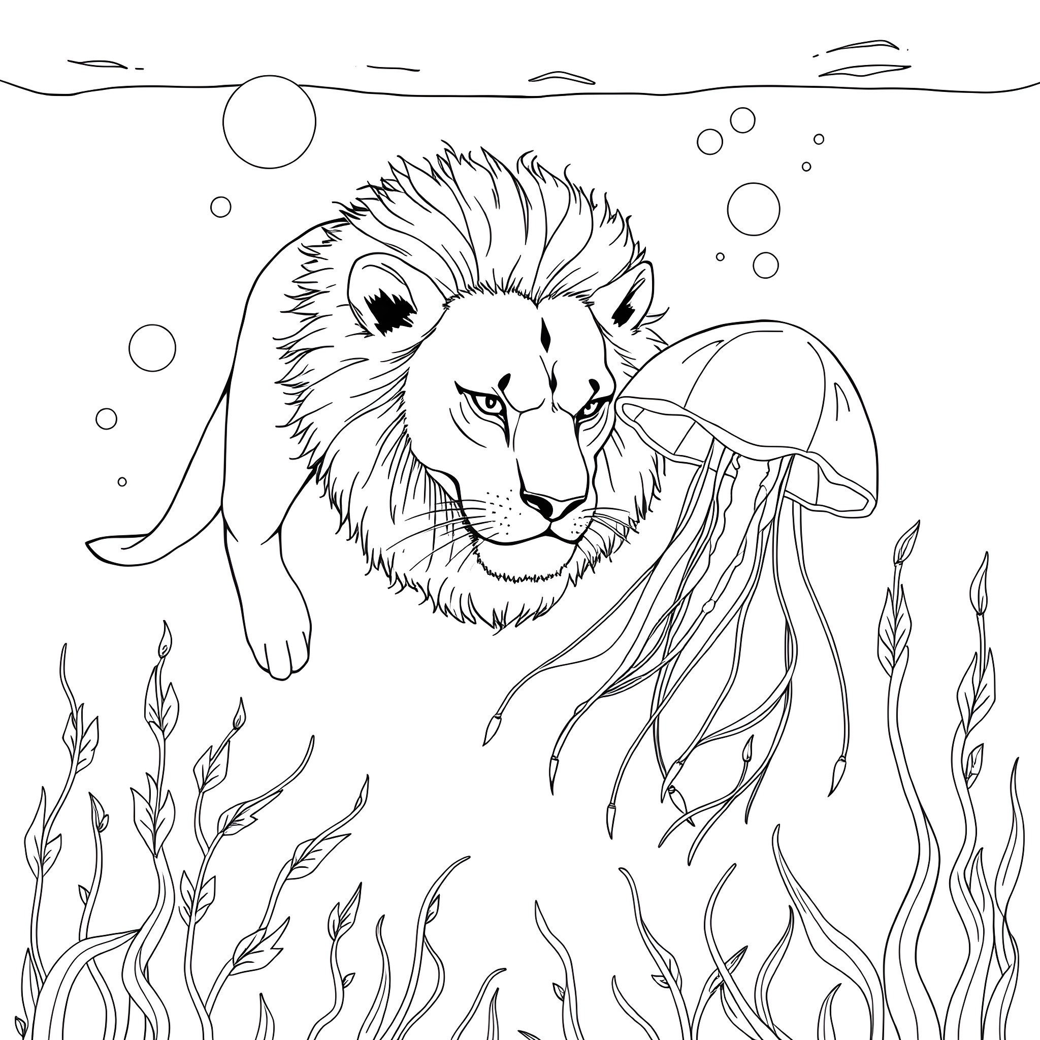 Lion swimming peacefully in the ocean Coloring Page (free black-and-white line drawing printable PDF for all, from beginners to advanced learners, including children, teens, adults, and seniors)