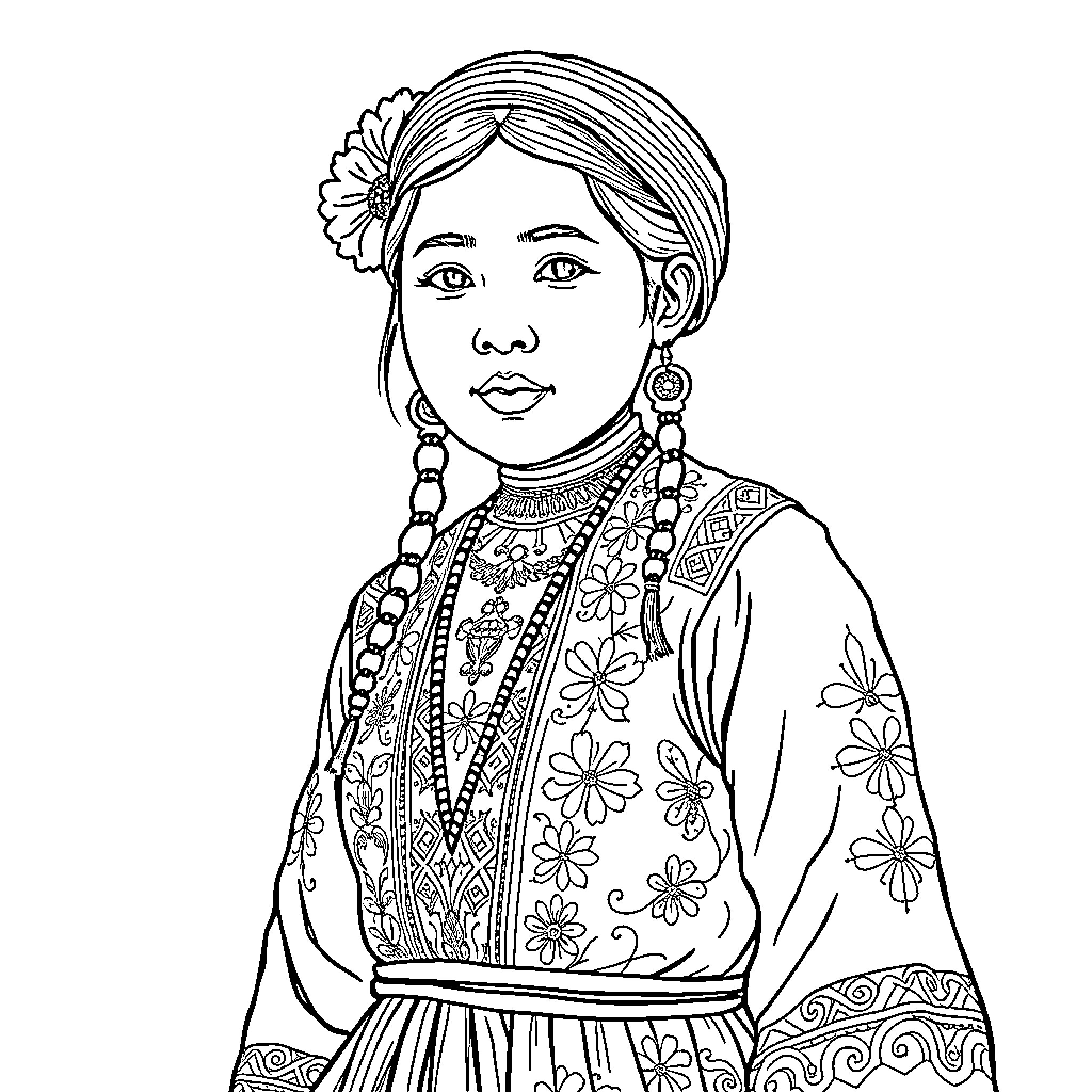 Labubu in traditional ethnic floral attire Coloring Page (free black-and-white line drawing printable PDF for all, from beginners to advanced learners, including children, teens, adults, and seniors)