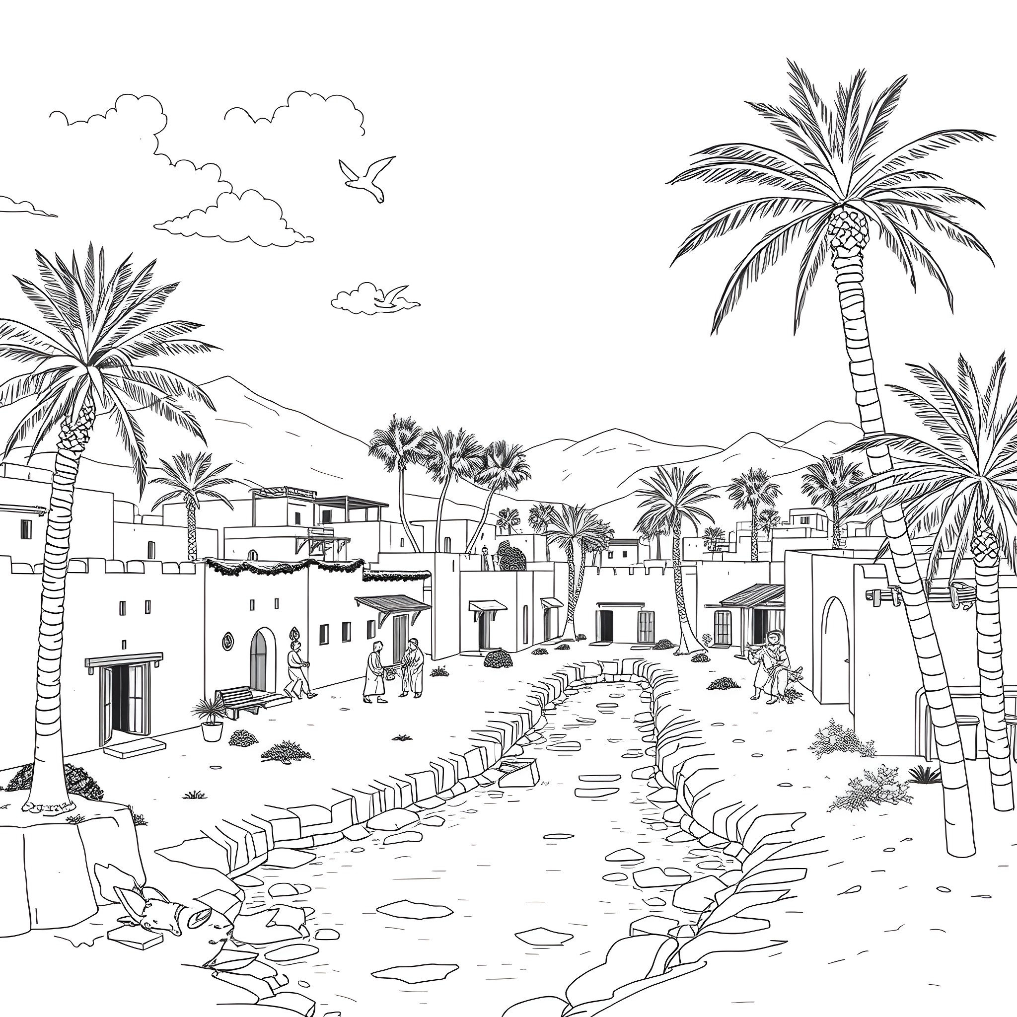 Life in a Vibrant Middle Eastern Village Coloring Page (free black-and-white line drawing printable PDF for all, from beginners to advanced learners, including children, teens, adults, and seniors)