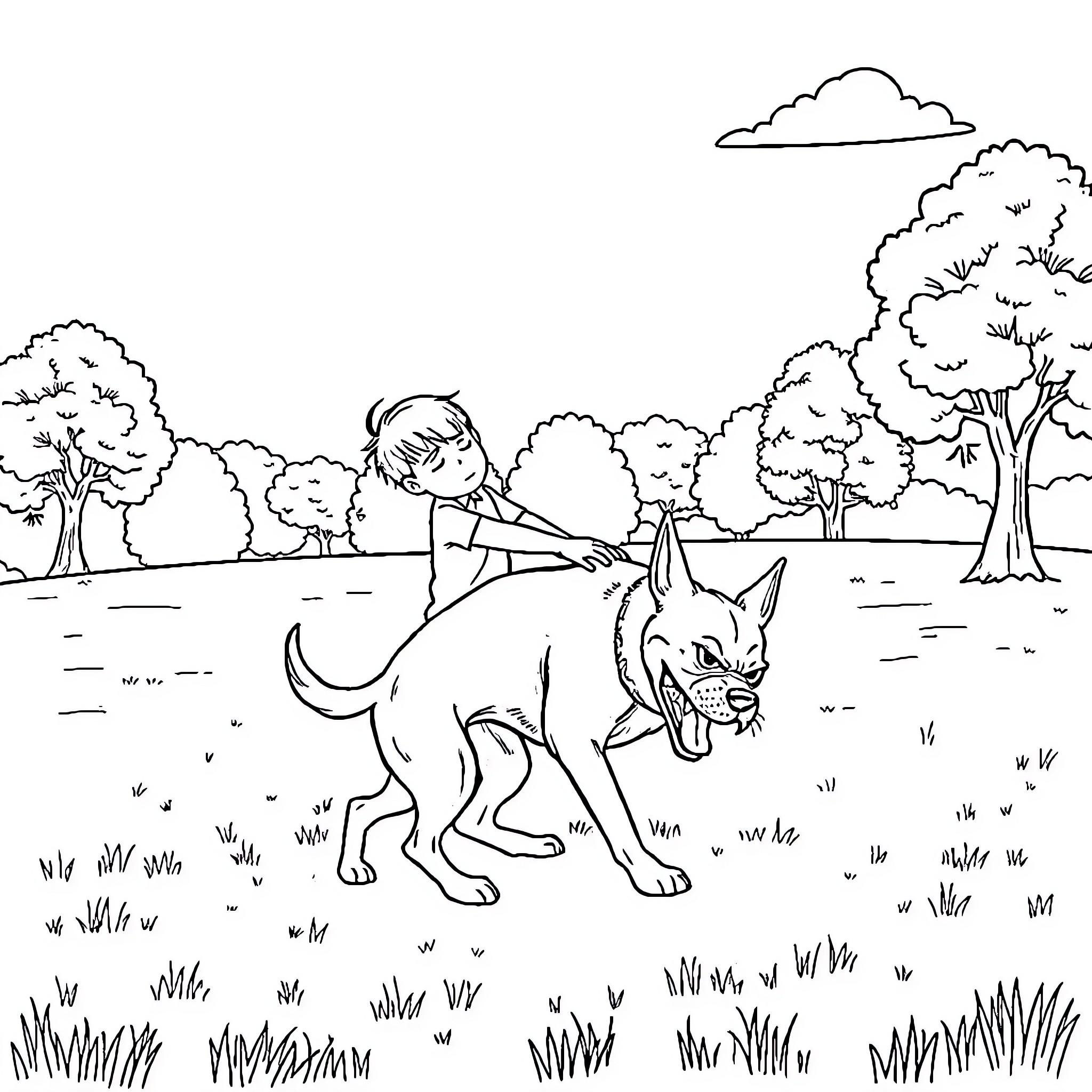 Midget child riding playful dog in lush forest Coloring Page (free black-and-white line drawing printable PDF for all, from beginners to advanced learners, including children, teens, adults, and seniors)