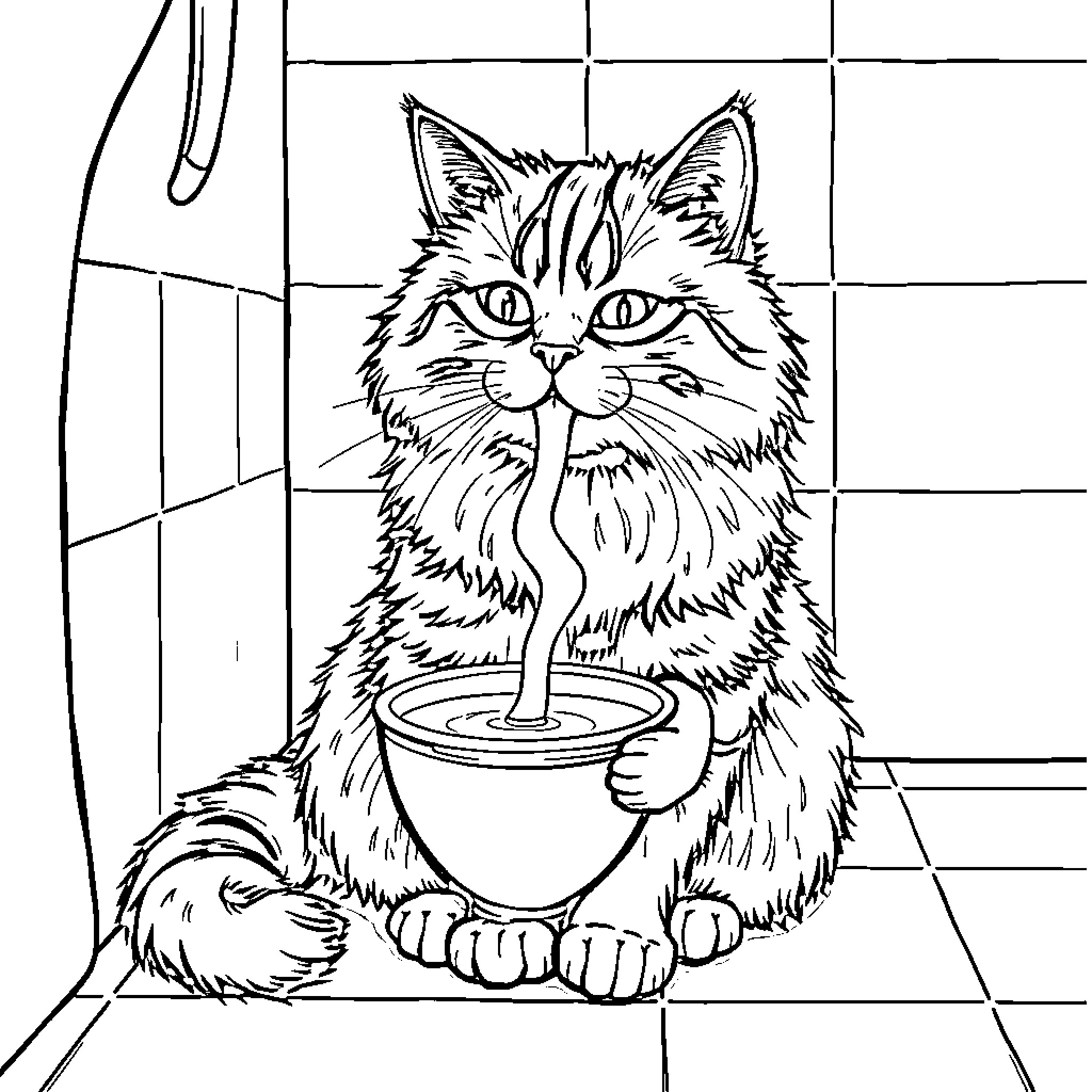 Cat enjoying a warm drink in the bathroom Coloring Page (free black-and-white line drawing printable PDF for all, from beginners to advanced learners, including children, teens, adults, and seniors)
