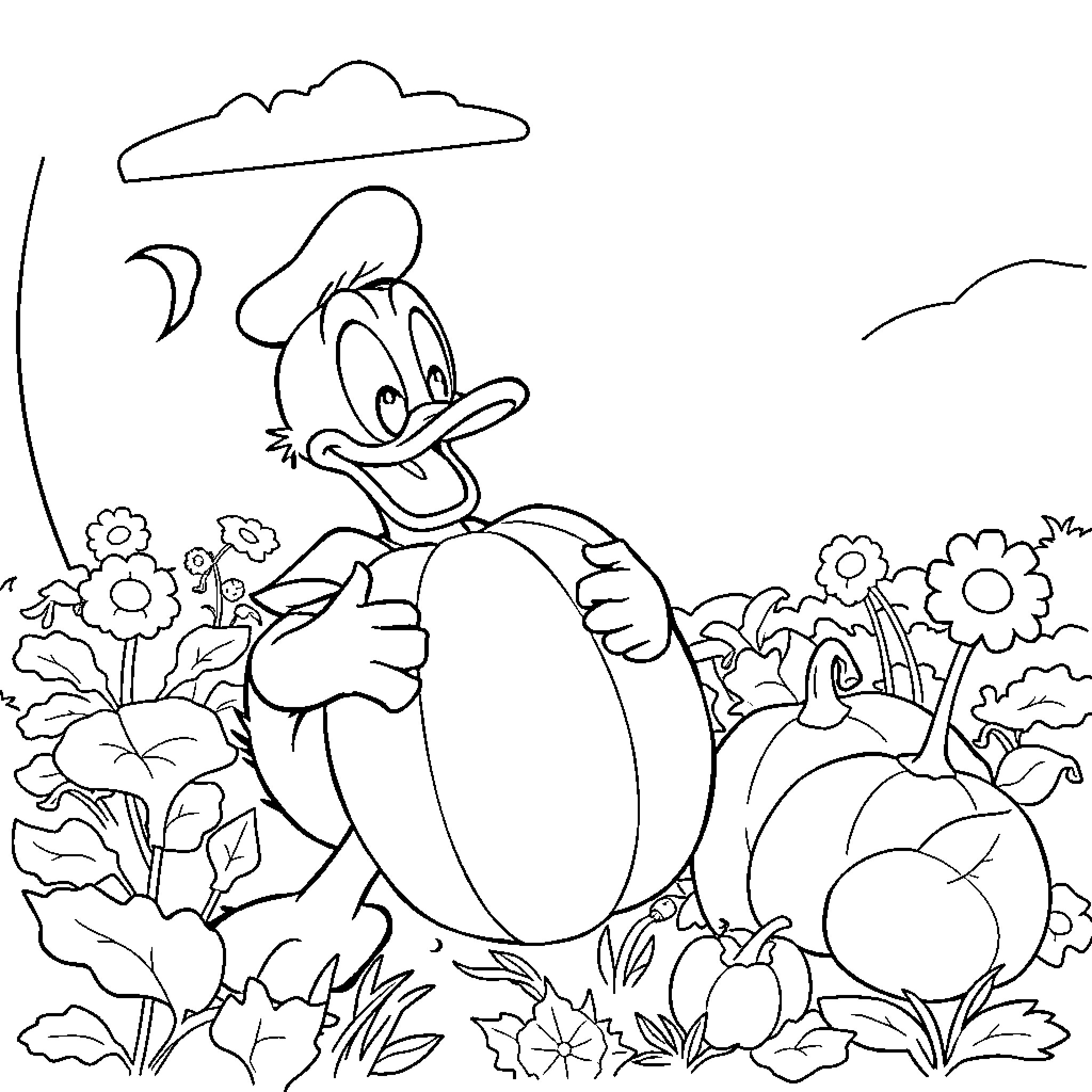 Donald Duck enjoying nature in the garden Coloring Page (free black-and-white line drawing printable PDF for all, from beginners to advanced learners, including children, teens, adults, and seniors)