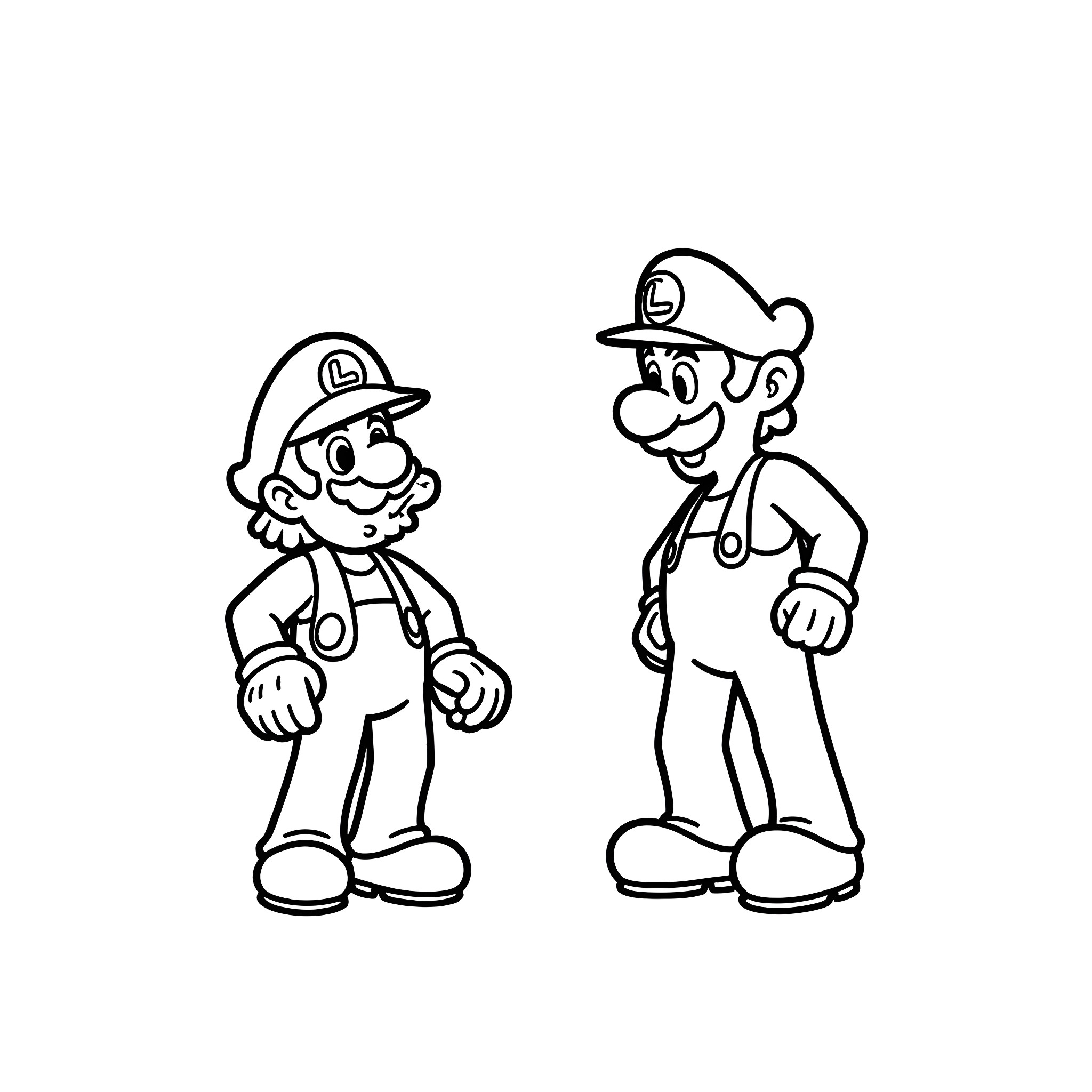 Luigi and friend in fun adventure poses Coloring Page (free black-and-white line drawing printable PDF for all, from beginners to advanced learners, including children, teens, adults, and seniors)