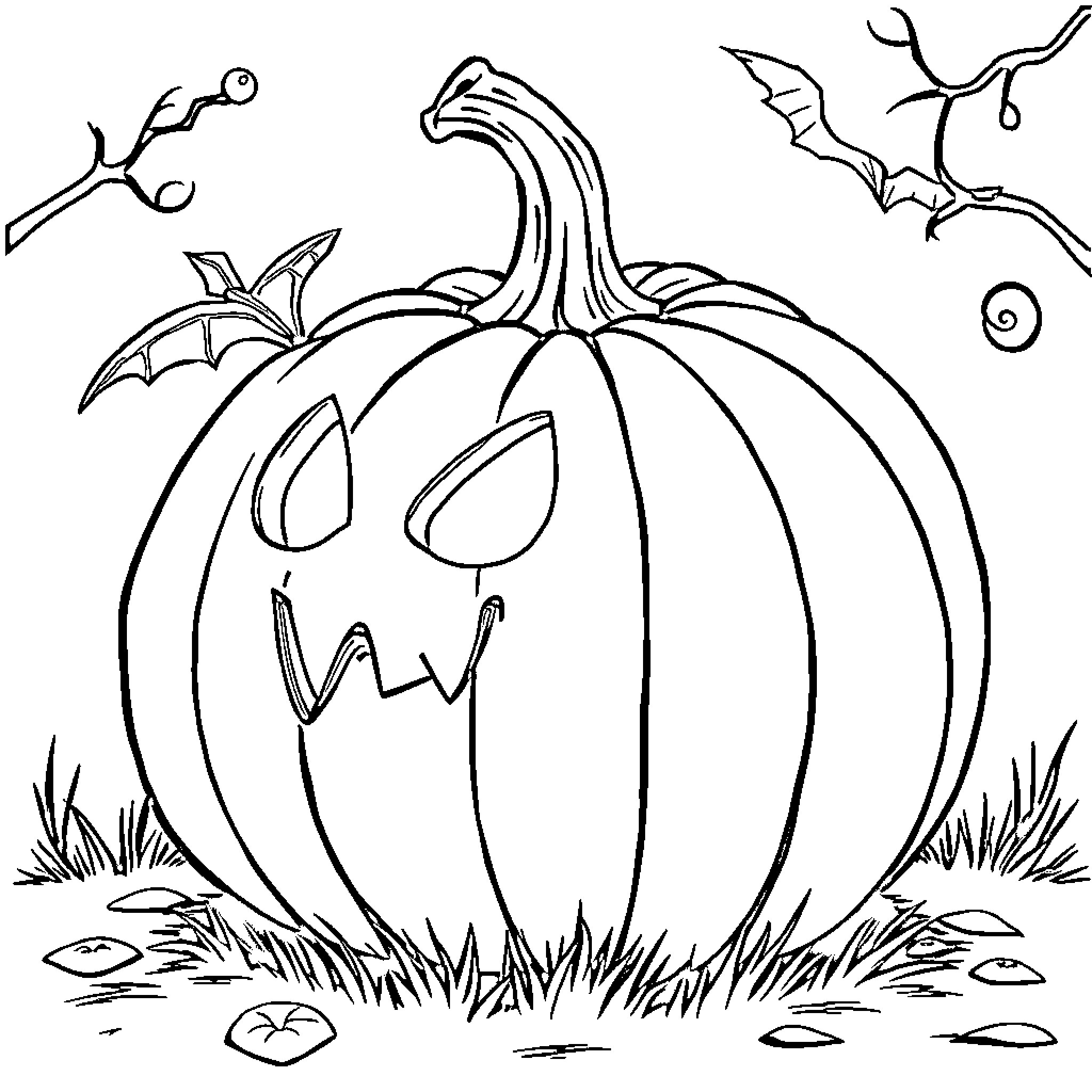 Pumpkin with spooky expression in autumn setting Coloring Page (free black-and-white line drawing printable PDF for all, from beginners to advanced learners, including children, teens, adults, and seniors)