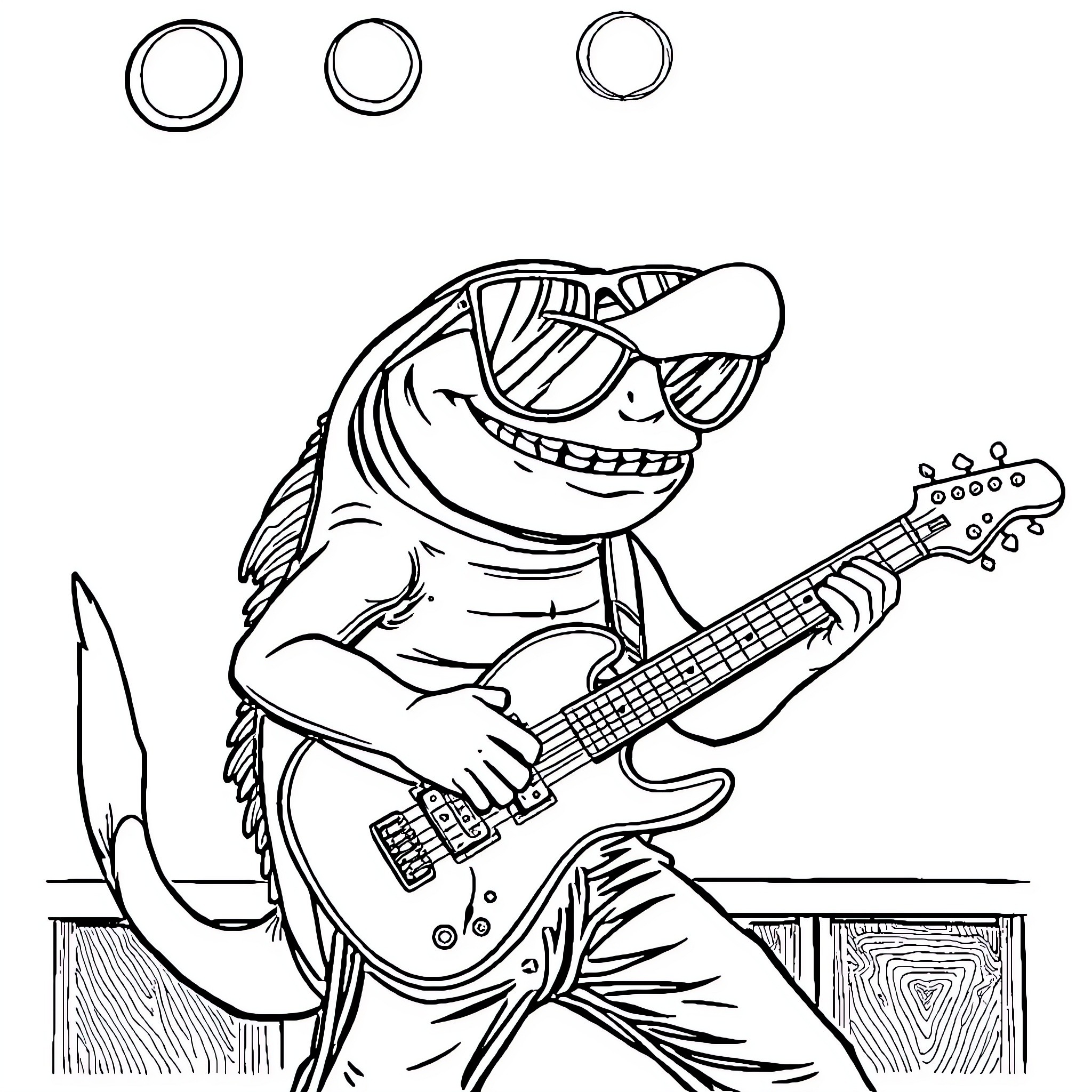 Shark playing electric guitar in performance Coloring Page (free black-and-white line drawing printable PDF for all, from beginners to advanced learners, including children, teens, adults, and seniors)