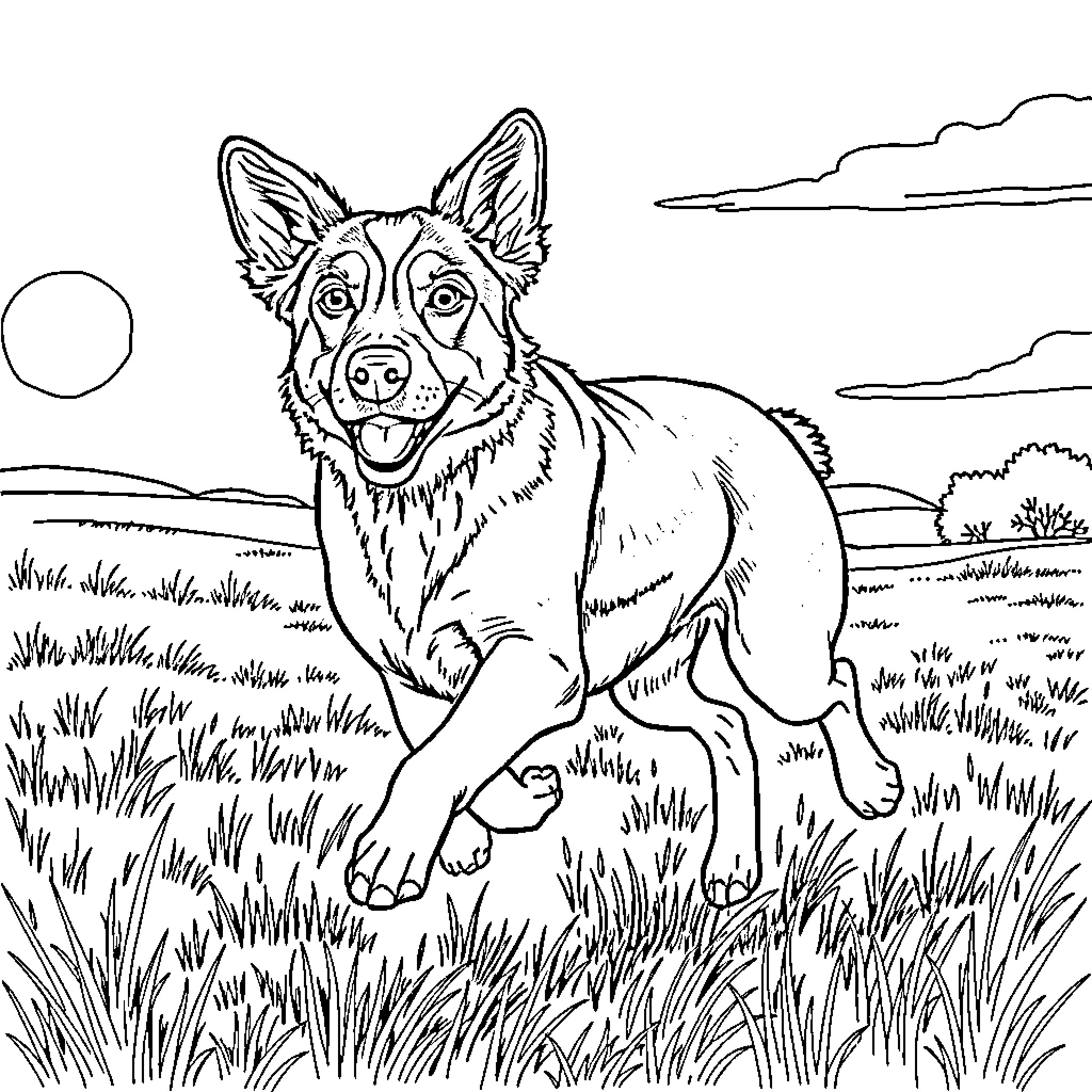 Australian Cattle Dog exploring the countryside Coloring Page (free black-and-white line drawing printable PDF for all, from beginners to advanced learners, including children, teens, adults, and seniors)