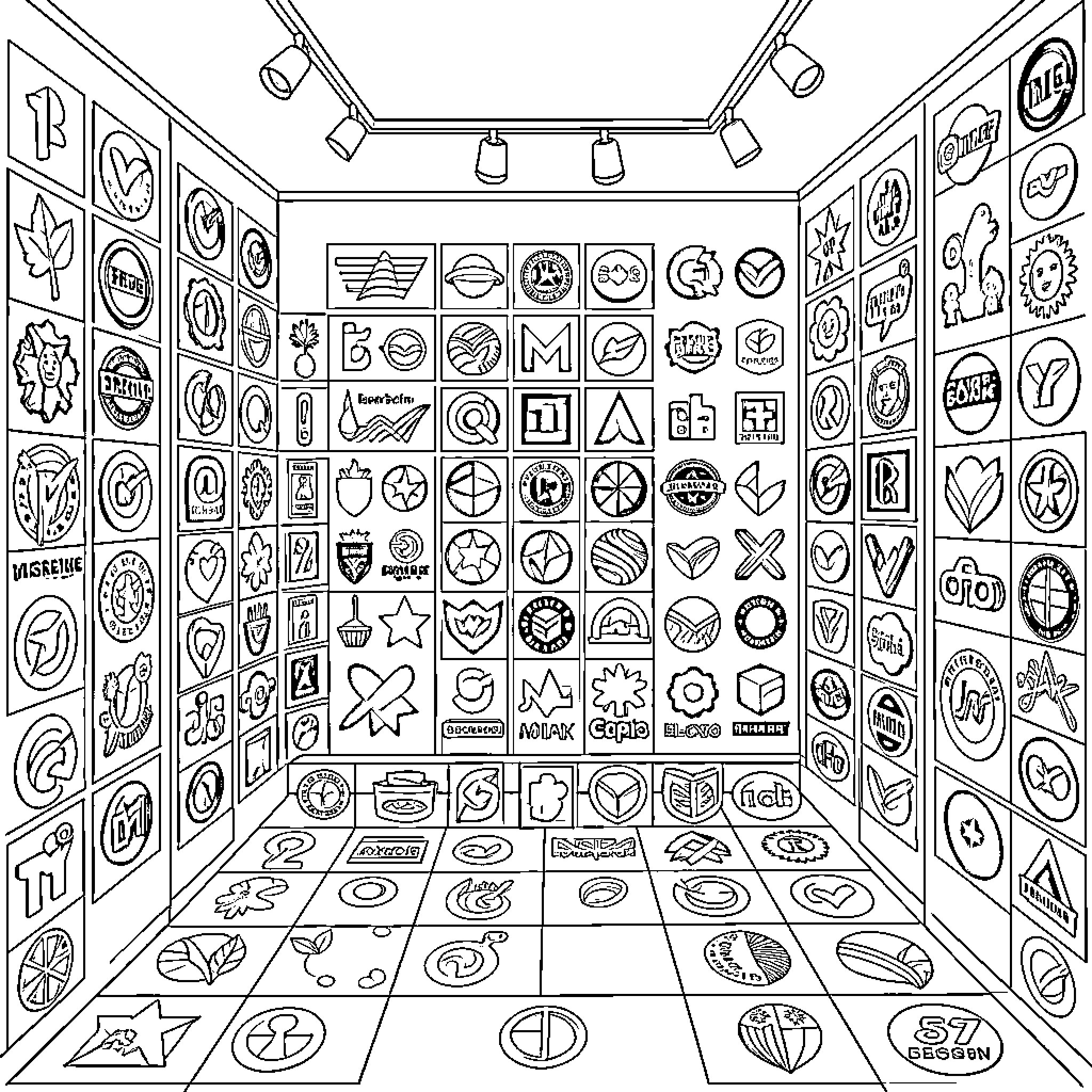 Logo Collage of Diverse Symbols and Icons Coloring Page (free black-and-white line drawing printable PDF for all, from beginners to advanced learners, including children, teens, adults, and seniors)