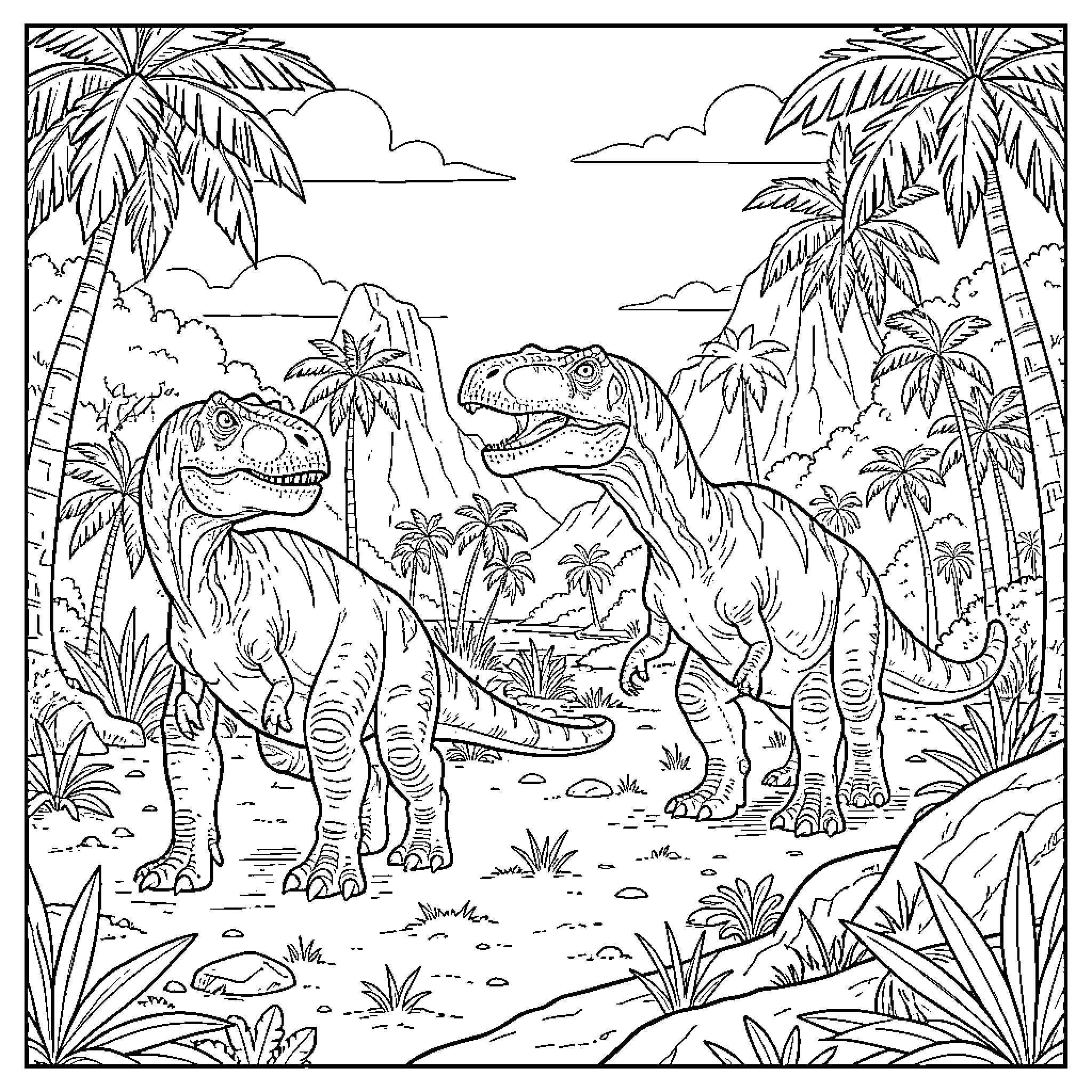 Dinosaur pair interacting in a tropical jungle landscape Coloring Page (free black-and-white line drawing printable PDF for all, from beginners to advanced learners, including children, teens, adults, and seniors)