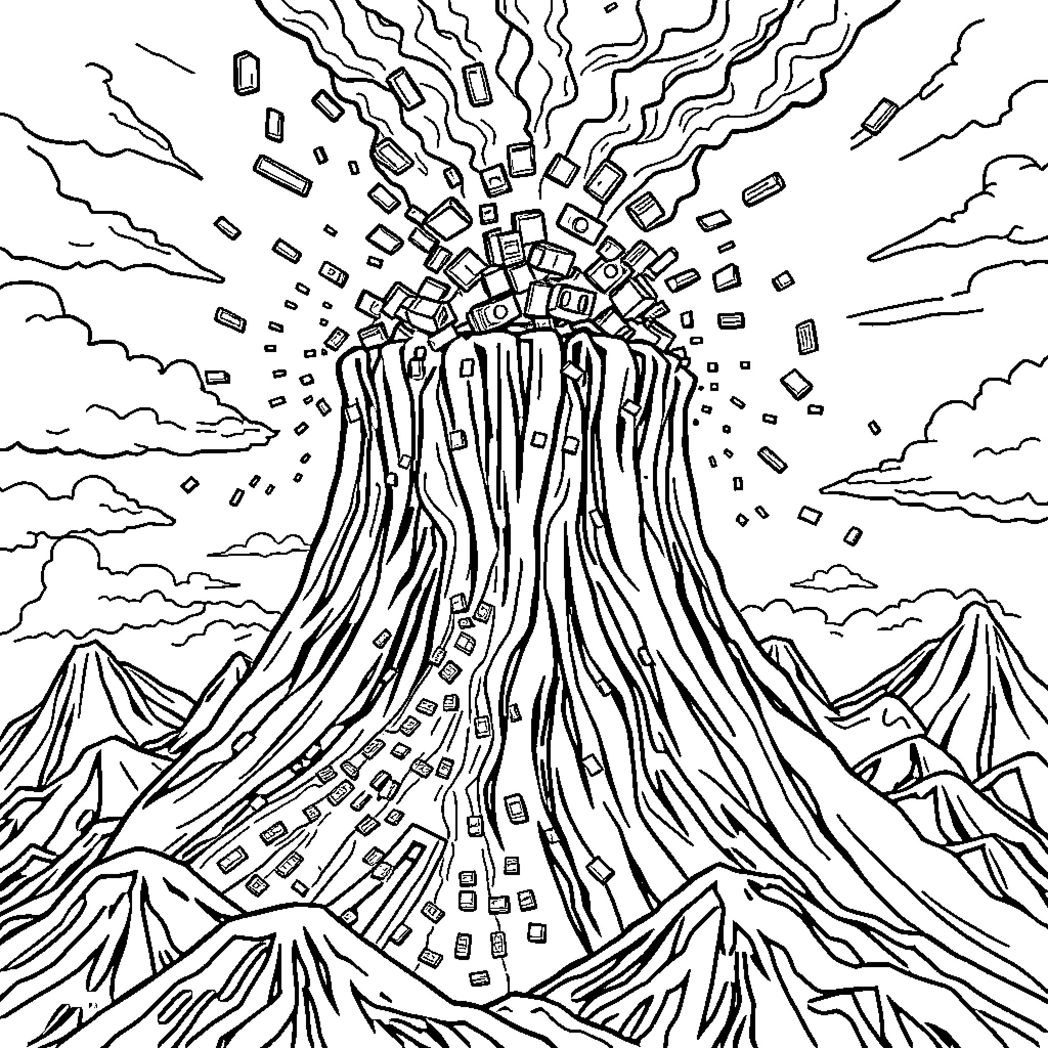 Volcano erupting with lava and debris Coloring Page (free black-and-white line drawing printable PDF for all, from beginners to advanced learners, including children, teens, adults, and seniors)