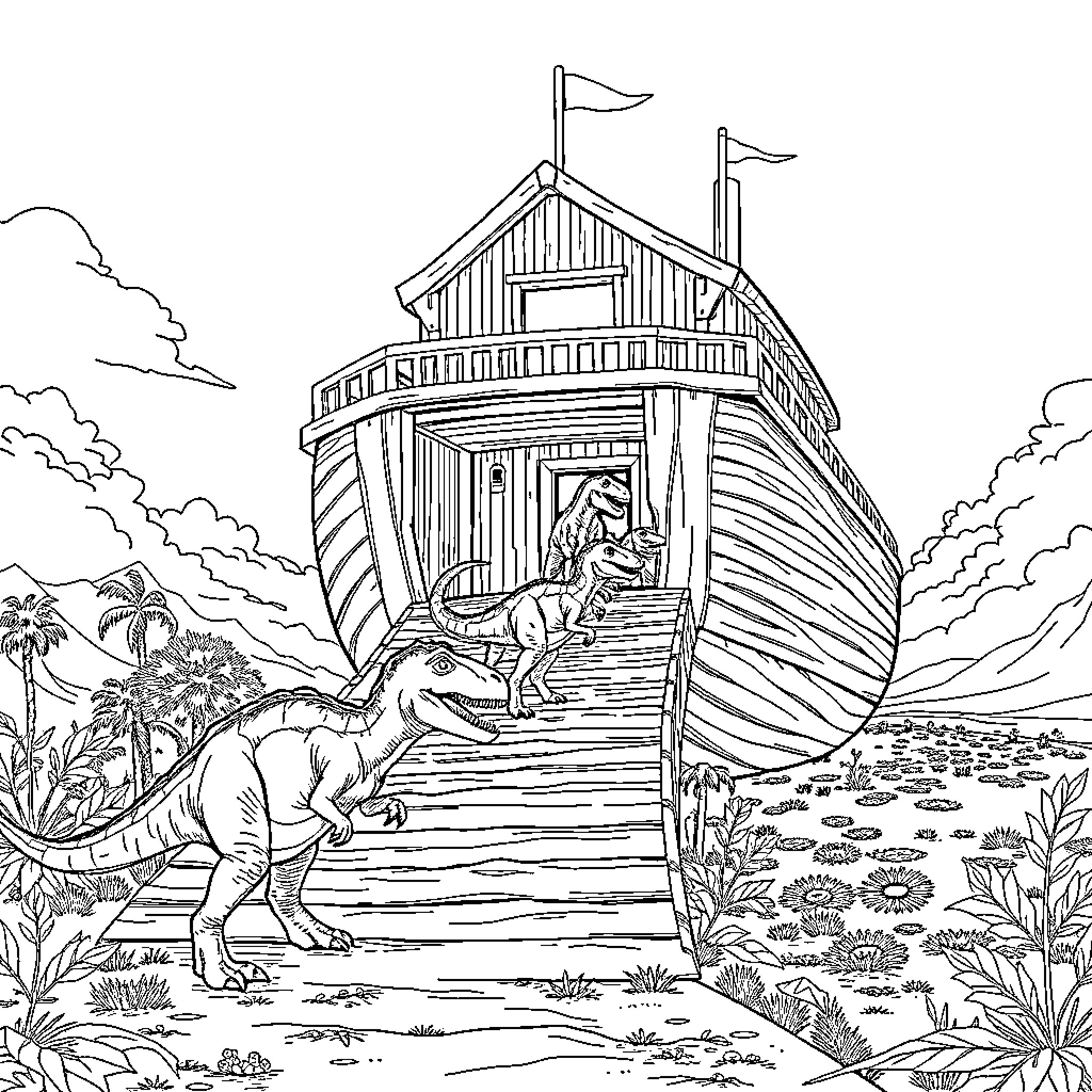 Dinosaurs exploring a large wooden ark structure Coloring Page (free black-and-white line drawing printable PDF for all, from beginners to advanced learners, including children, teens, adults, and seniors)