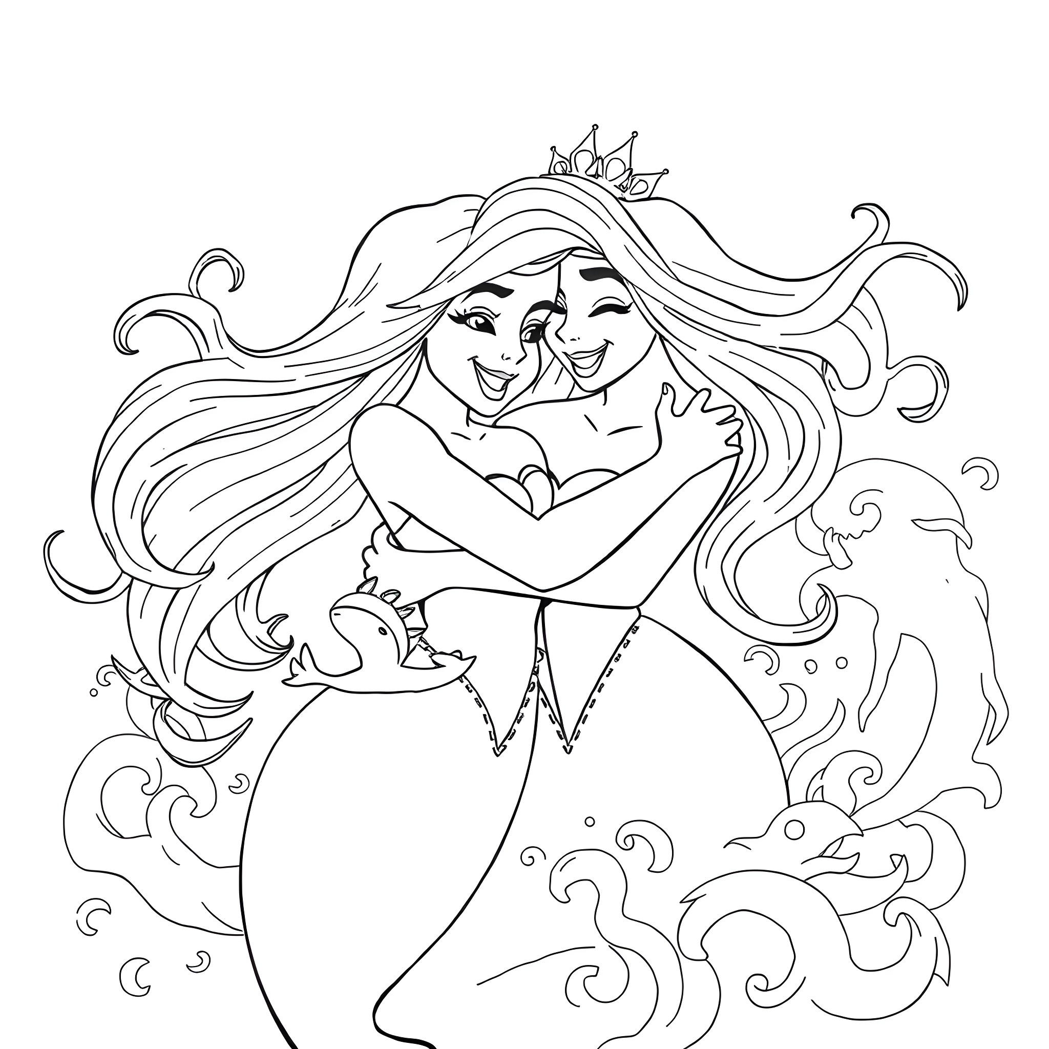 Ariel embracing her companion in an enchanting scene Coloring Page (free black-and-white line drawing printable PDF for all, from beginners to advanced learners, including children, teens, adults, and seniors)