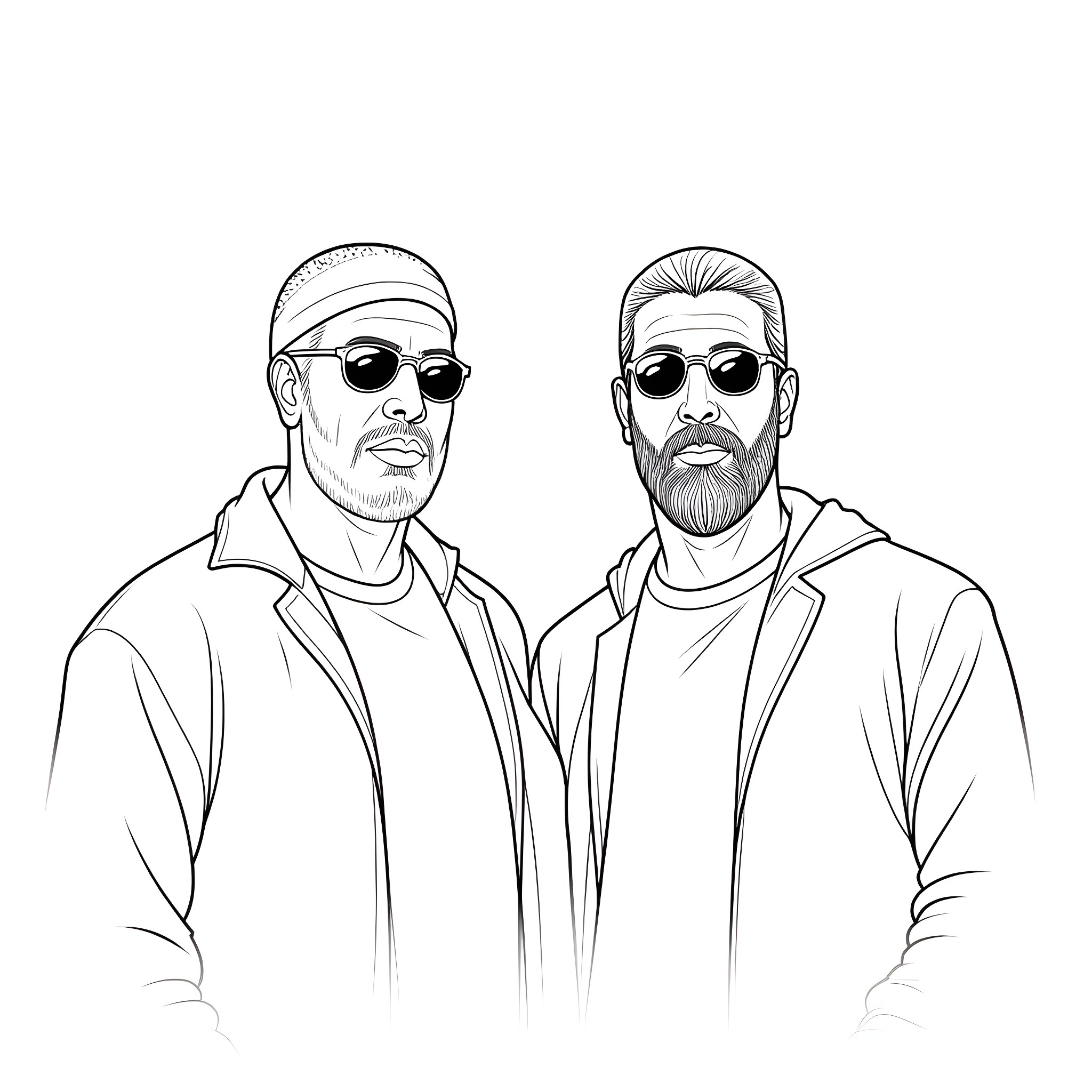 Boondock Saints in Monochrome Portraits Coloring Page (free black-and-white line drawing printable PDF for all, from beginners to advanced learners, including children, teens, adults, and seniors)
