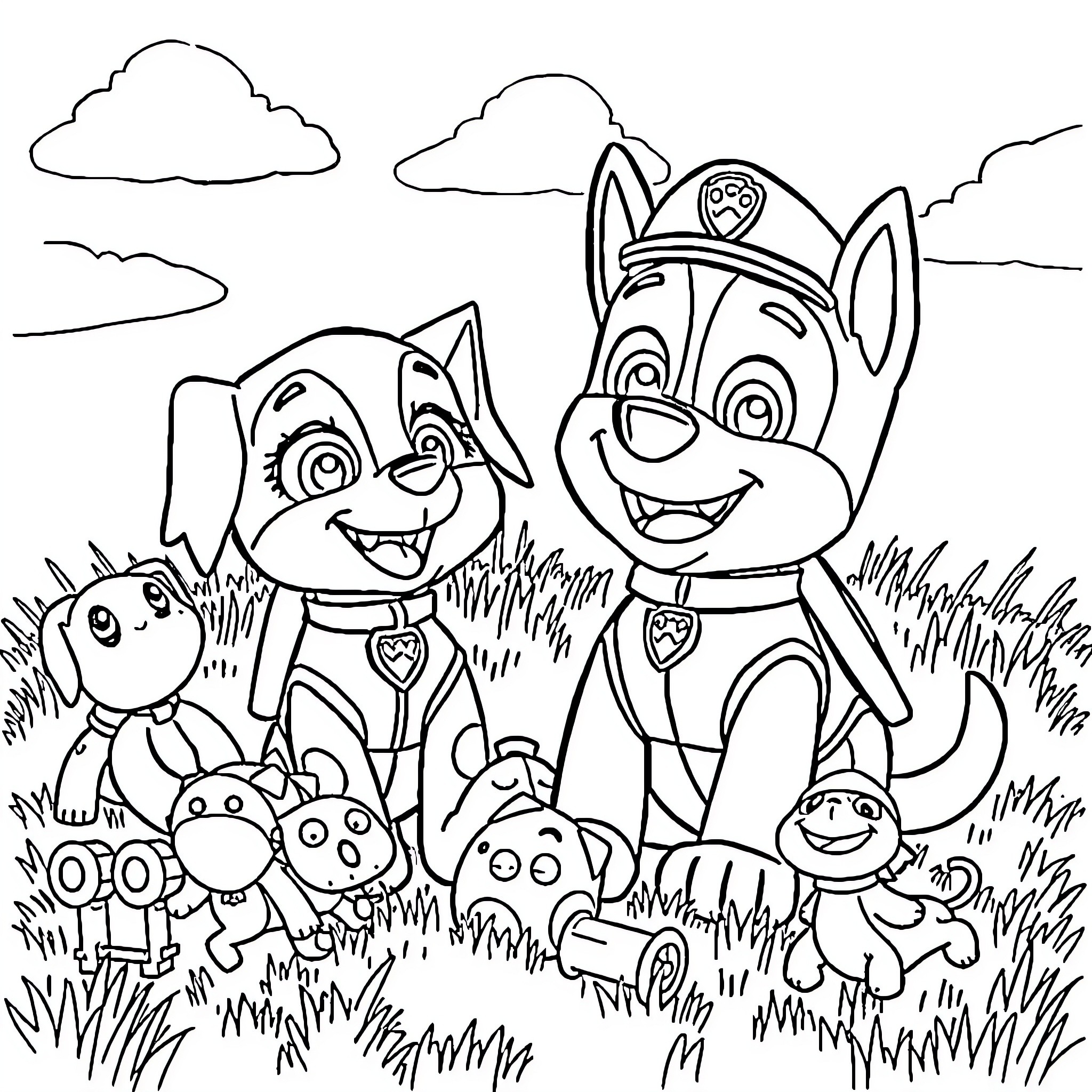 Dugee and Paw Patrol Pups on a Fun Adventure Coloring Page (free black-and-white line drawing printable PDF for all, from beginners to advanced learners, including children, teens, adults, and seniors)