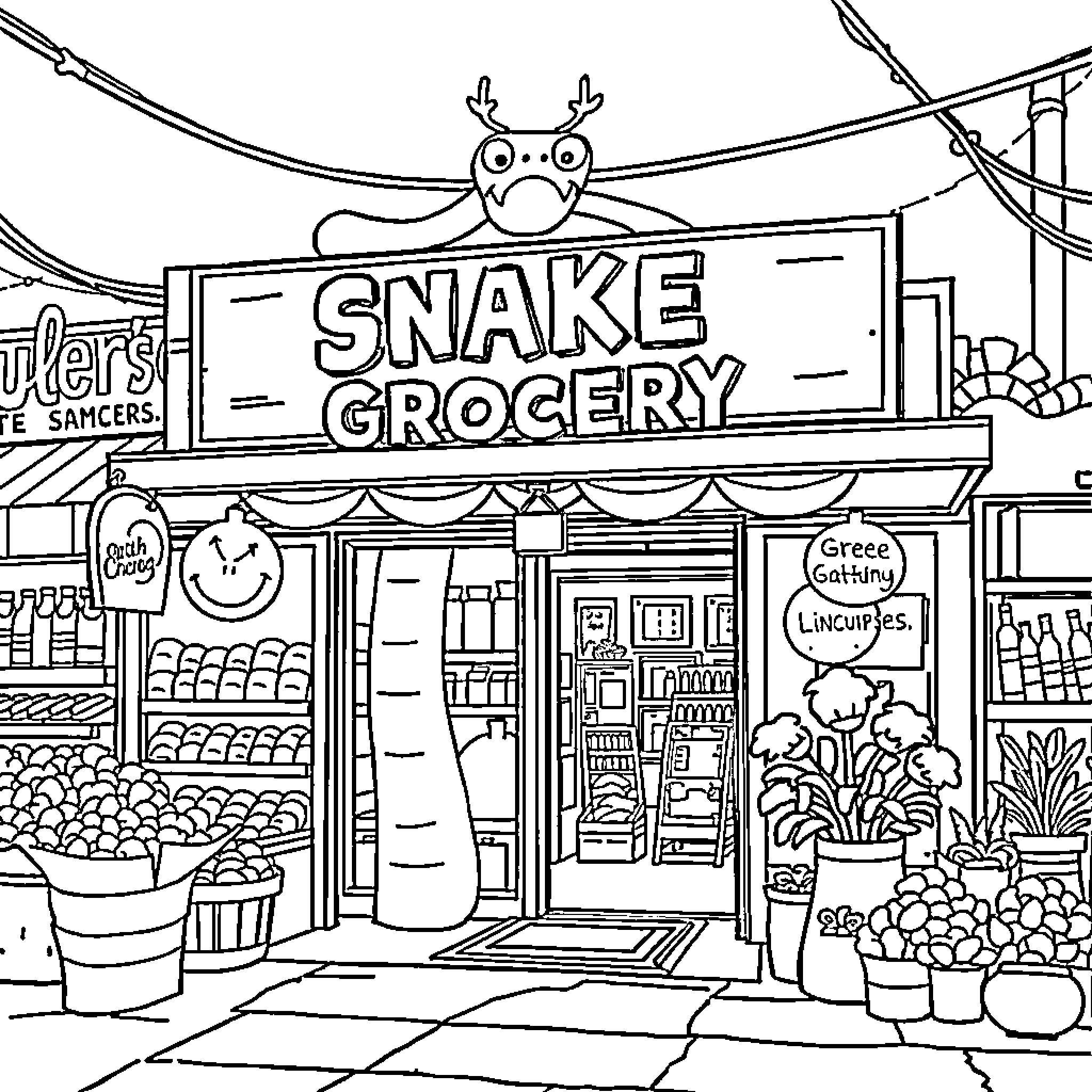 Snake Grocery store with merchandise display Coloring Page (free black-and-white line drawing printable PDF for all, from beginners to advanced learners, including children, teens, adults, and seniors)