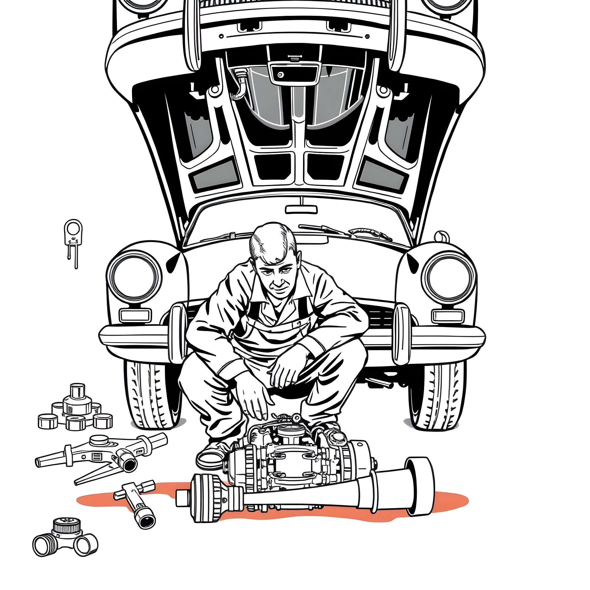 Mechanic Repairing Vintage Car Engine Coloring Page (free black-and-white line drawing printable PDF for all, from beginners to advanced learners, including children, teens, adults, and seniors)