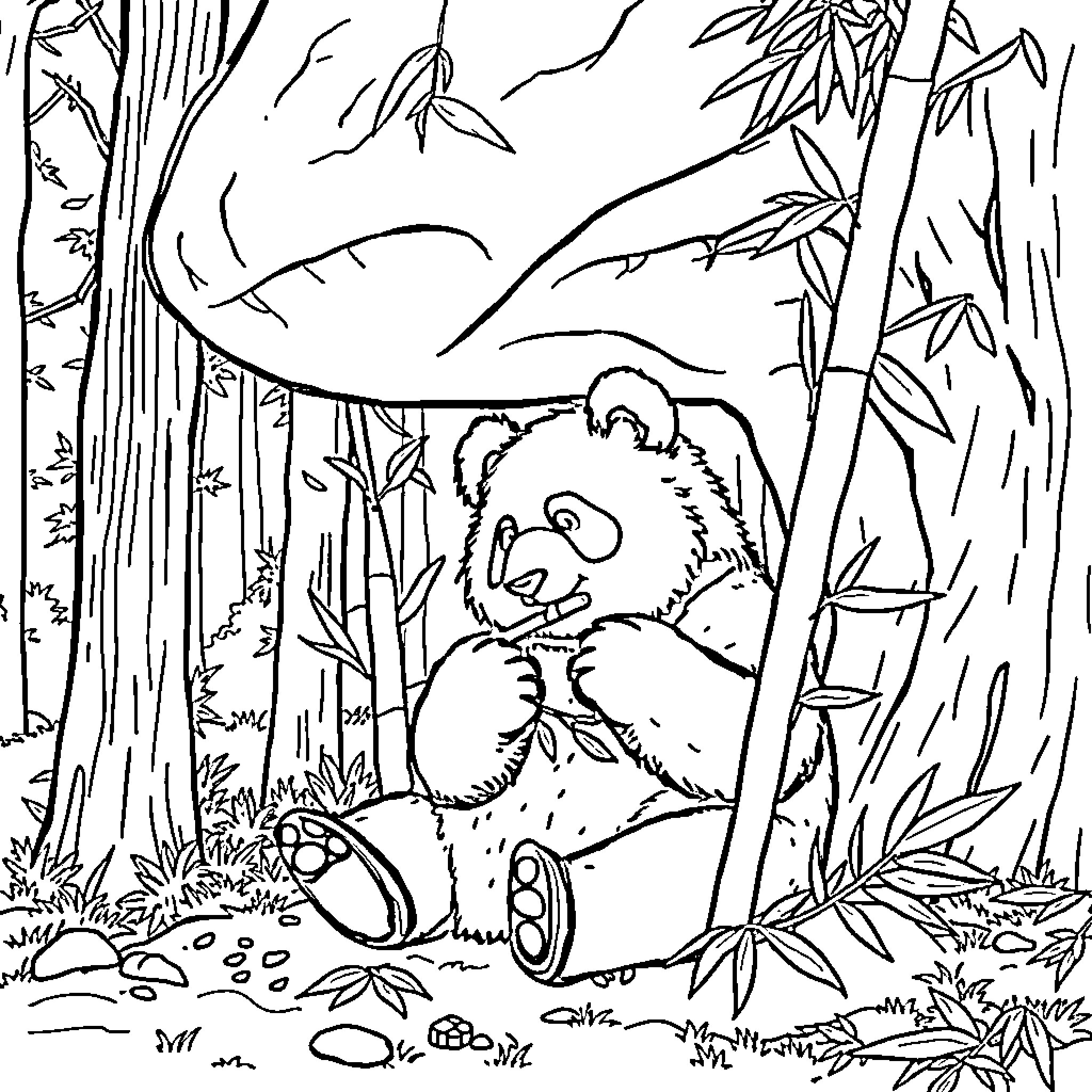 Panda exploring the forest Coloring Page (free black-and-white line drawing printable PDF for all, from beginners to advanced learners, including children, teens, adults, and seniors)