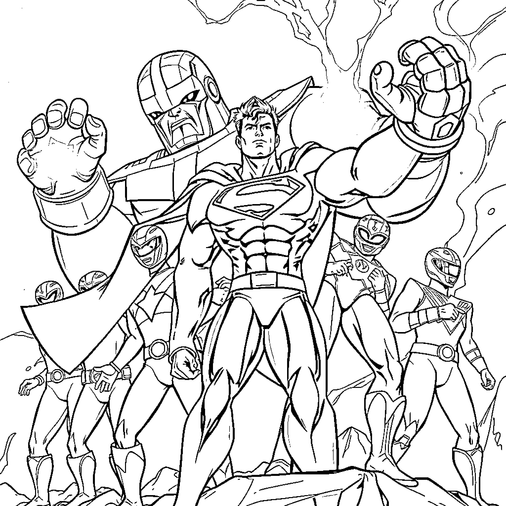 Superman and superheroes in action-packed scene Coloring Page (free black-and-white line drawing printable PDF for all, from beginners to advanced learners, including children, teens, adults, and seniors)