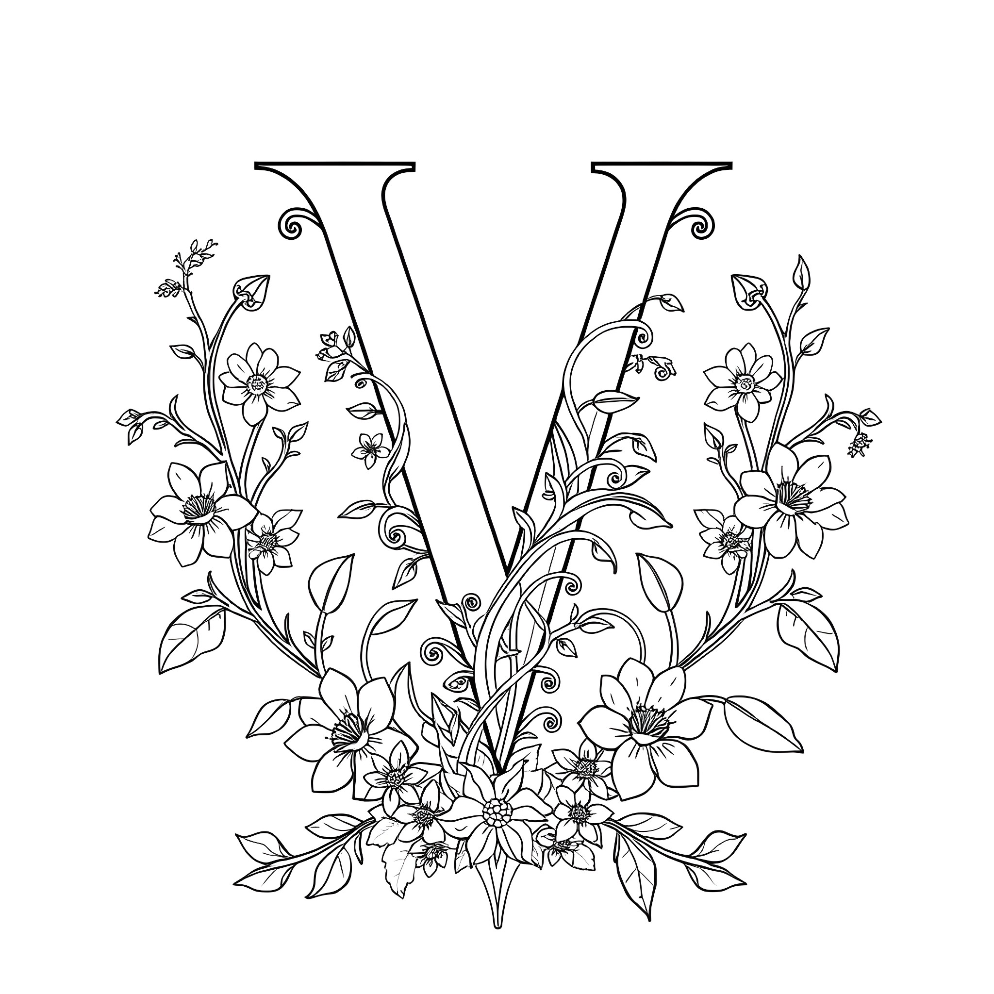 Vintage floral letter V Coloring Page (free black-and-white line drawing printable PDF for all, from beginners to advanced learners, including children, teens, adults, and seniors)