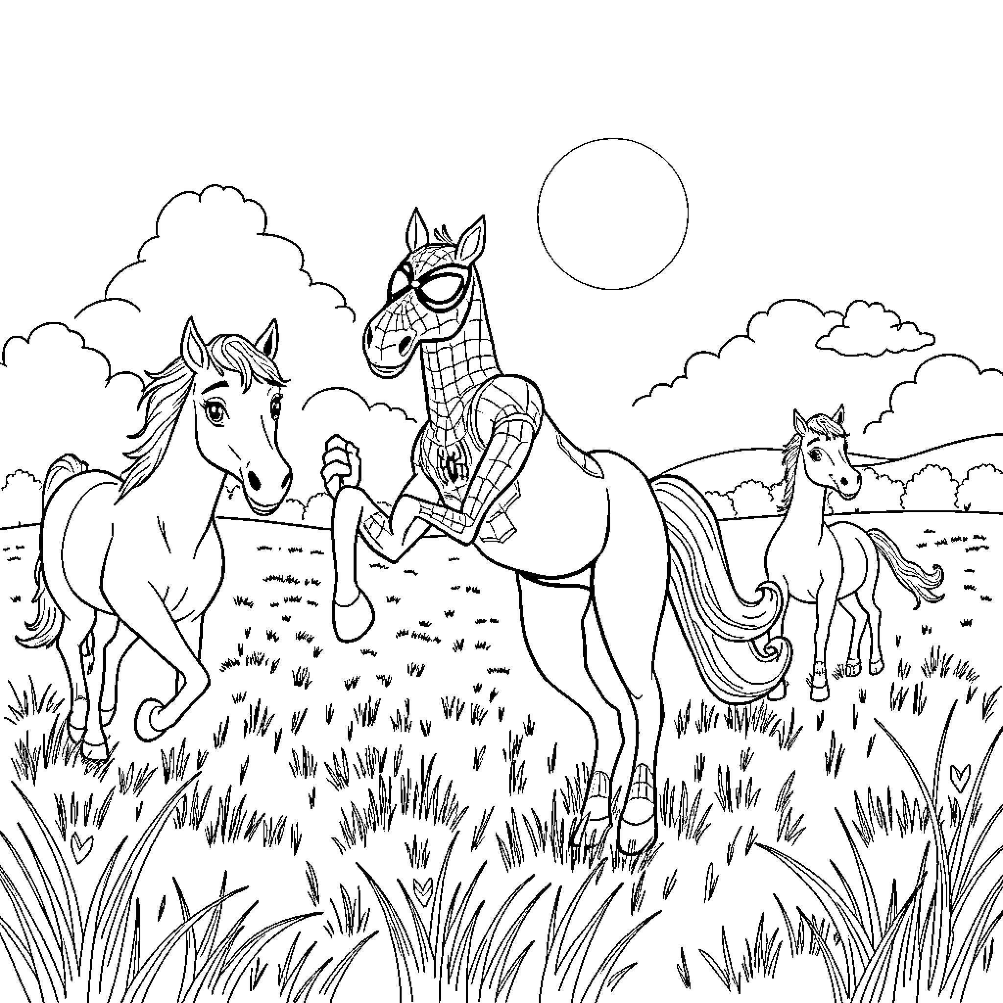 Spiderman riding horses with friends in the countryside Coloring Page (free black-and-white line drawing printable PDF for all, from beginners to advanced learners, including children, teens, adults, and seniors)