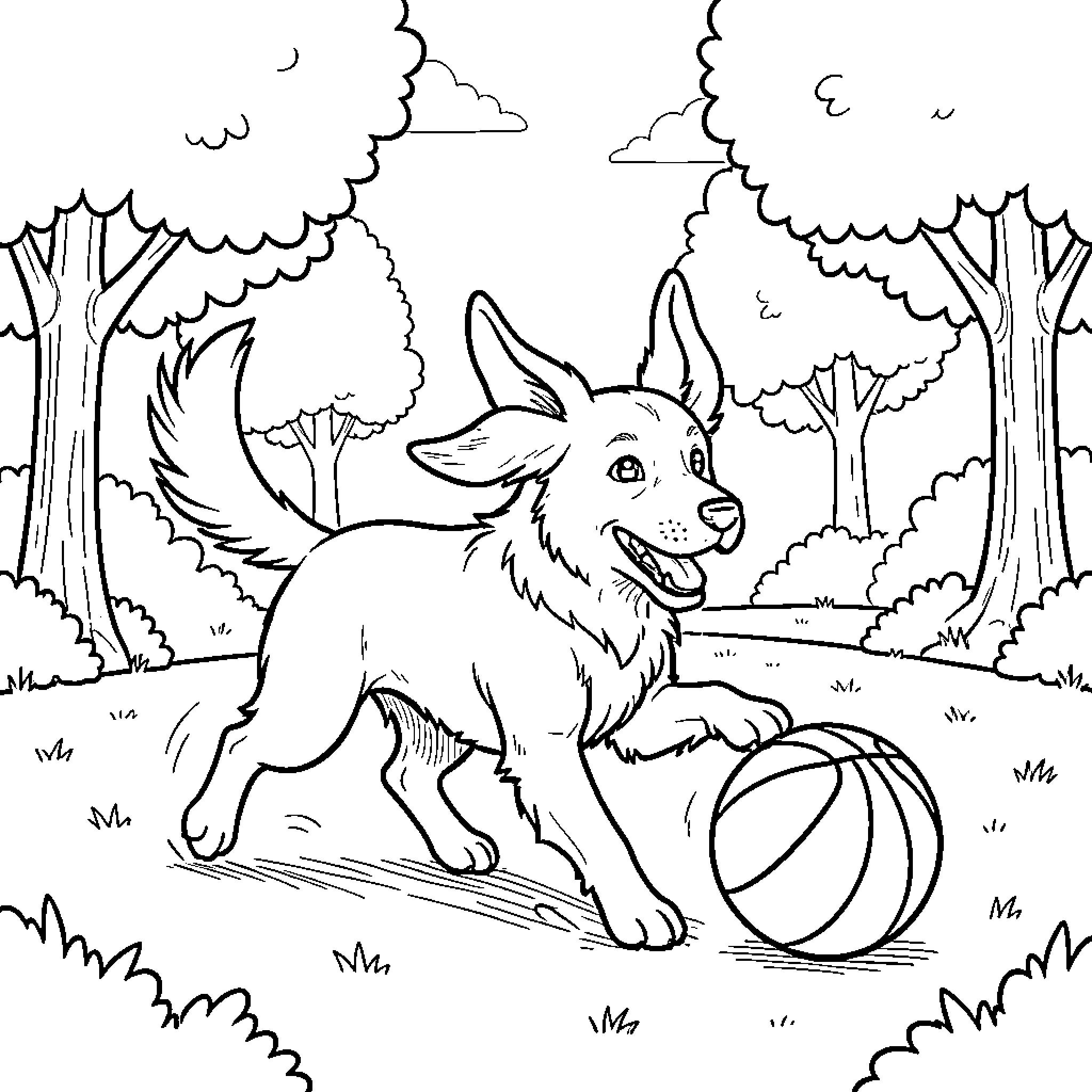 Dog playing joyfully with a ball in the woods Coloring Page (free black-and-white line drawing printable PDF for all, from beginners to advanced learners, including children, teens, adults, and seniors)