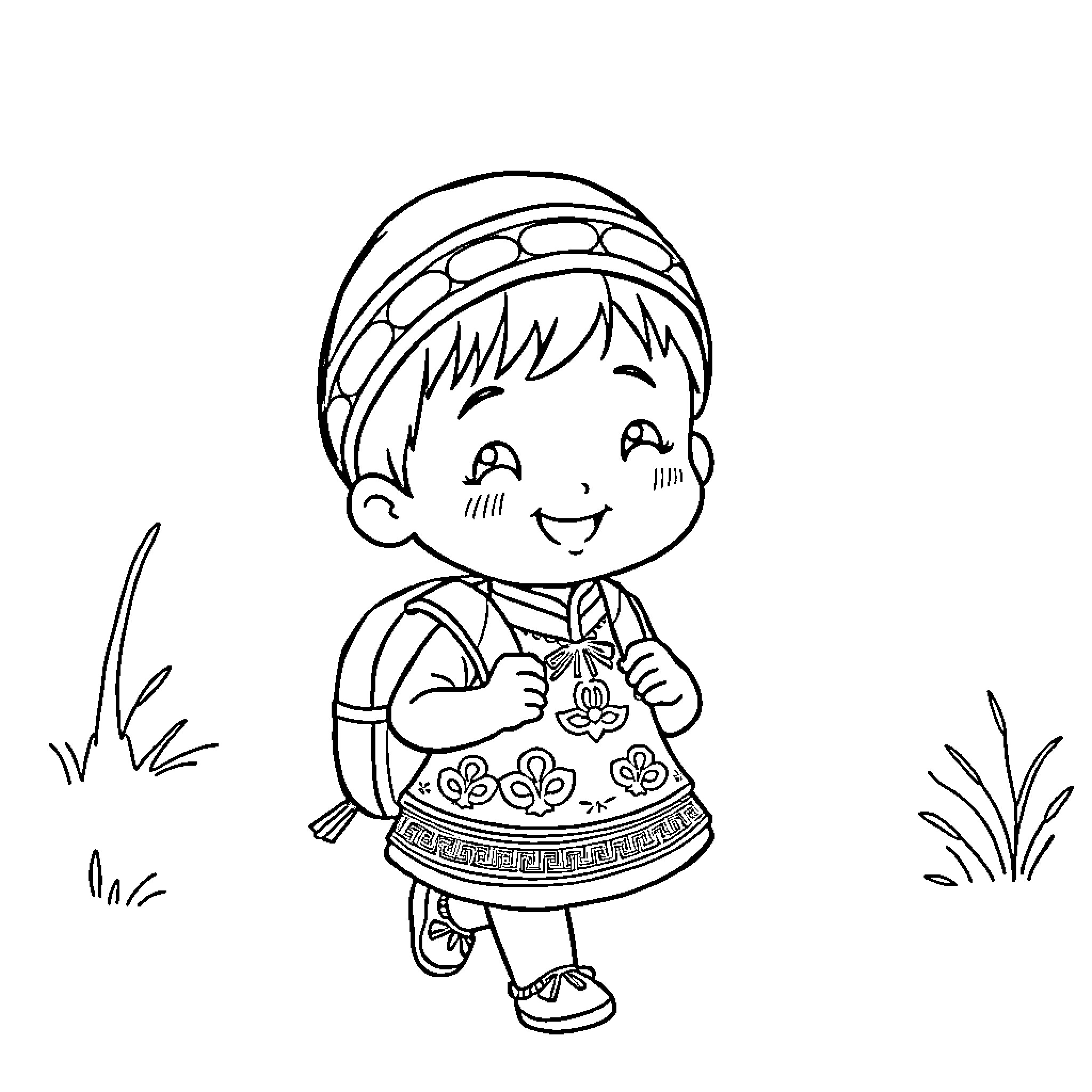 Hmong Child in Traditional Outfit Smiling Coloring Page (free black-and-white line drawing printable PDF for all, from beginners to advanced learners, including children, teens, adults, and seniors)