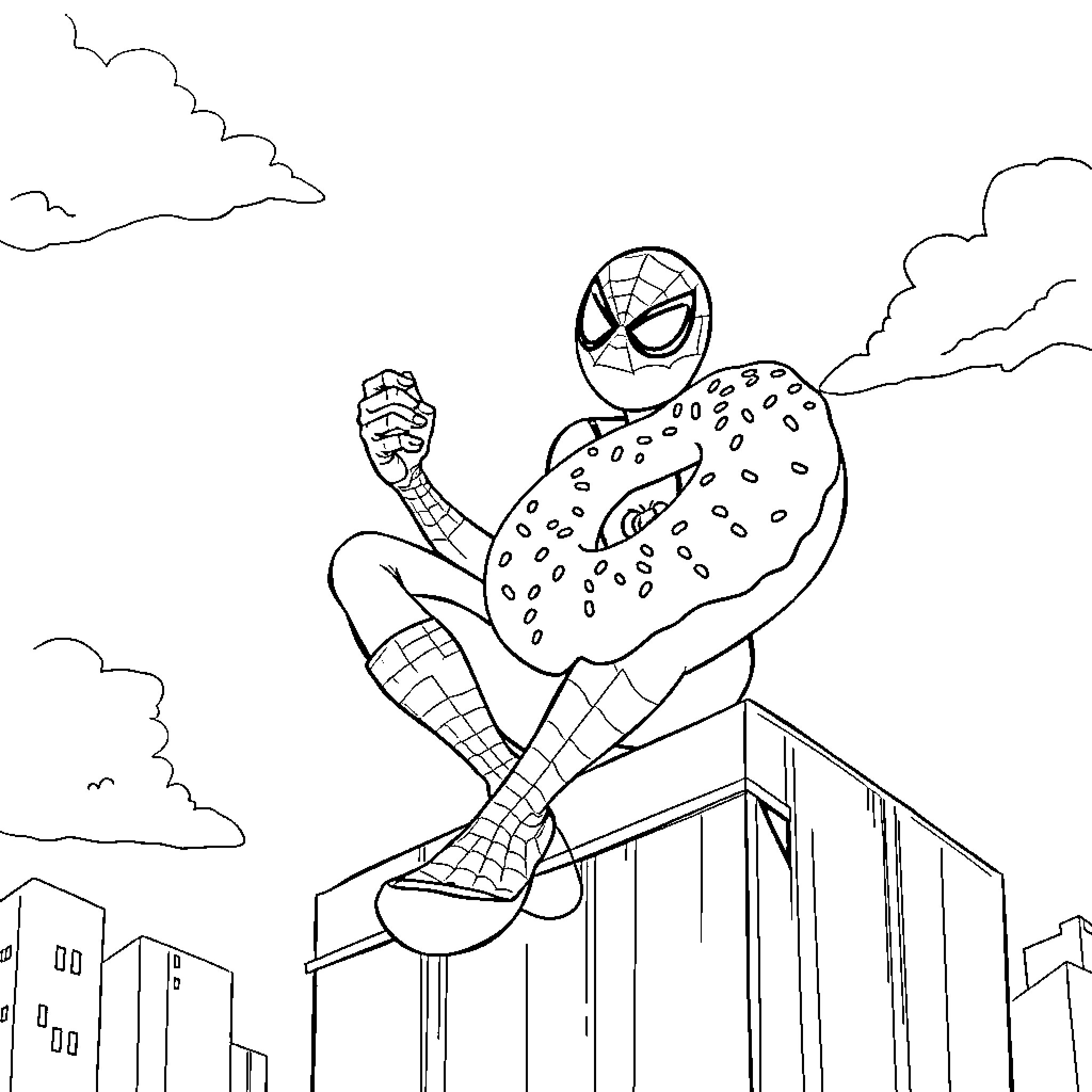 Spiderman swinging through the city skyline Coloring Page (free black-and-white line drawing printable PDF for all, from beginners to advanced learners, including children, teens, adults, and seniors)