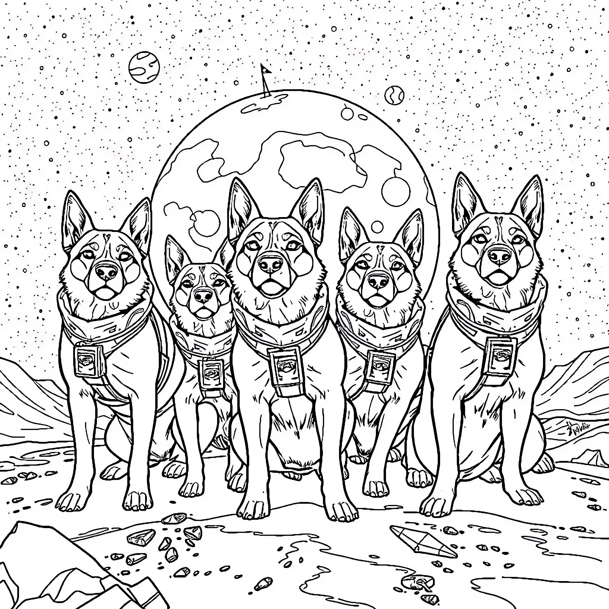 Perro astronautas en una misión espacial Coloring Page (free black-and-white line drawing printable PDF for all, from beginners to advanced learners, including children, teens, adults, and seniors)