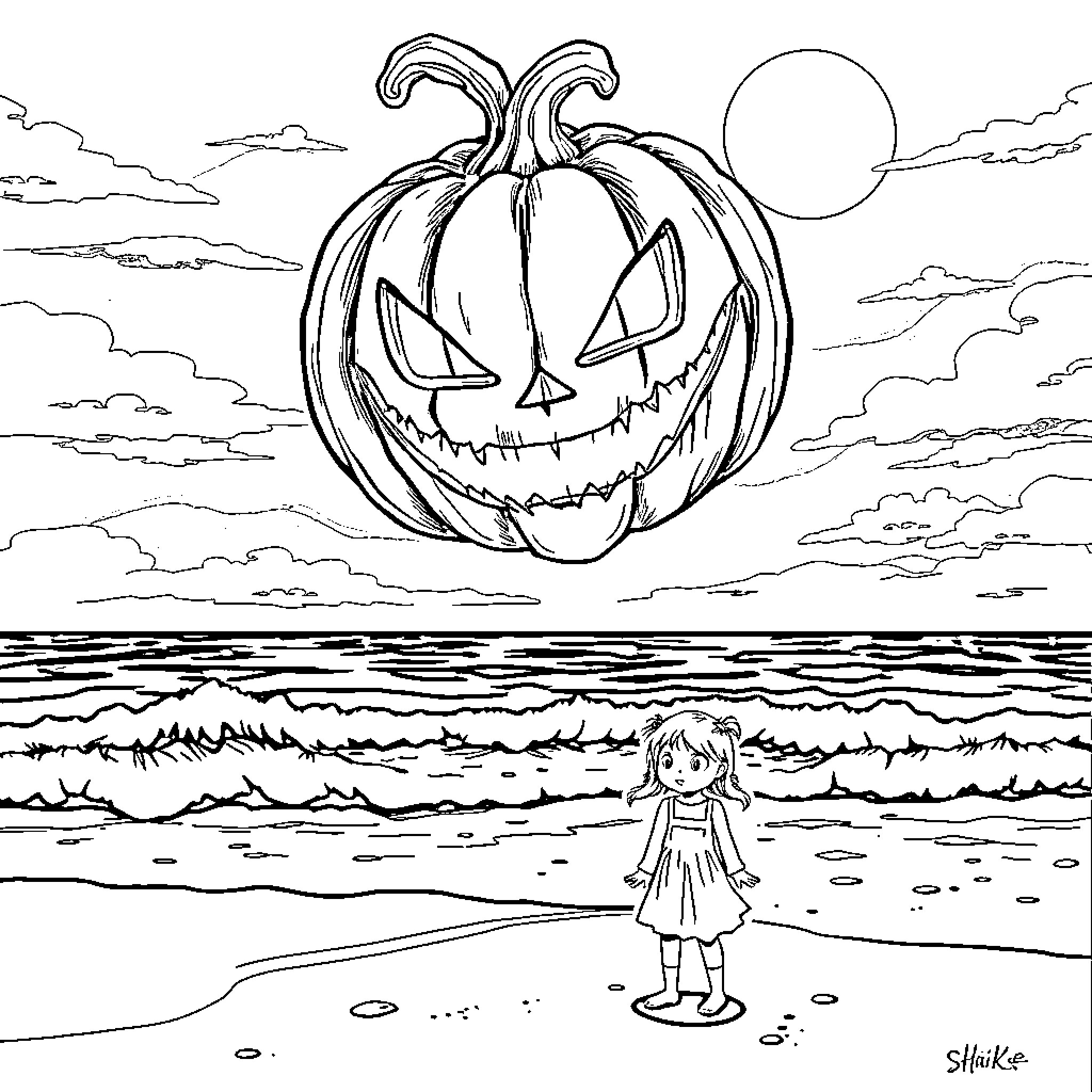 Pumpkin face in the night sky above the ocean Coloring Page (free black-and-white line drawing printable PDF for all, from beginners to advanced learners, including children, teens, adults, and seniors)