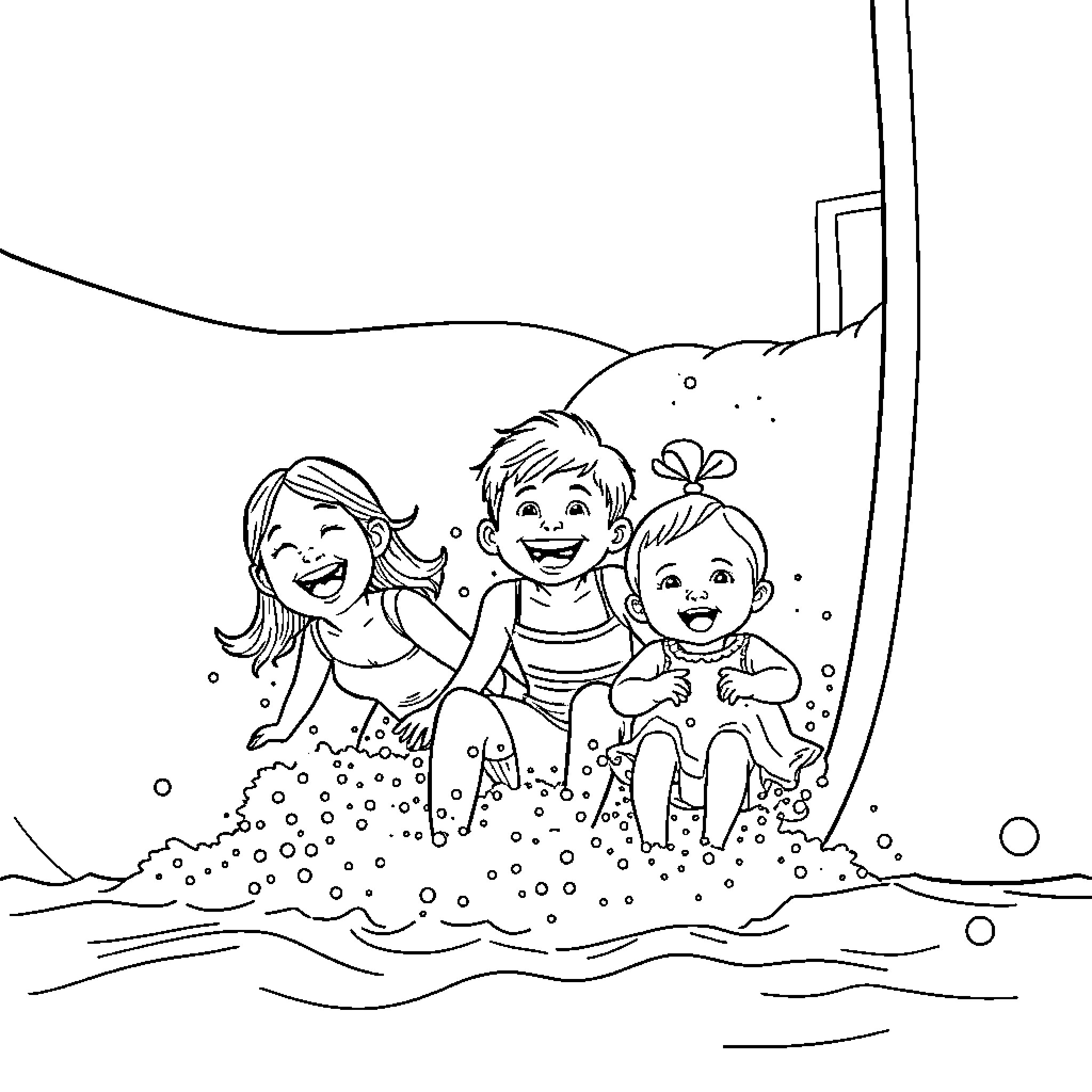 Children enjoying a fun day at the beach Coloring Page (free black-and-white line drawing printable PDF for all, from beginners to advanced learners, including children, teens, adults, and seniors)