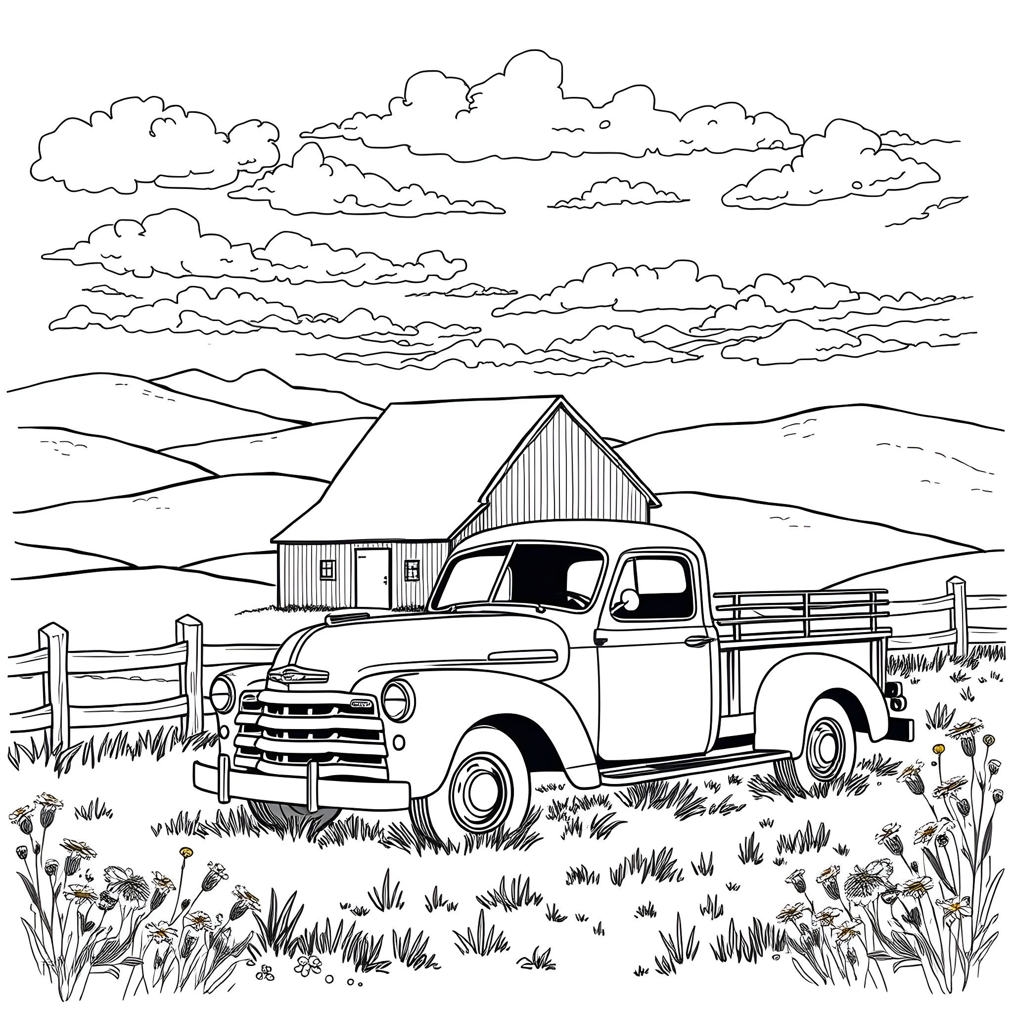 Truck parked in front of a rustic barn in a rural landscape Coloring Page (free black-and-white line drawing printable PDF for all, from beginners to advanced learners, including children, teens, adults, and seniors)