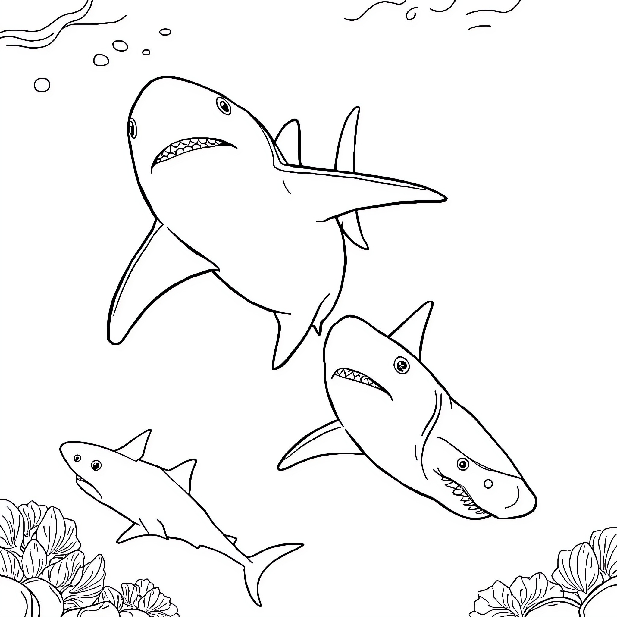 Shark family swimming together in the ocean Coloring Page (free black-and-white line drawing printable PDF for all, from beginners to advanced learners, including children, teens, adults, and seniors)