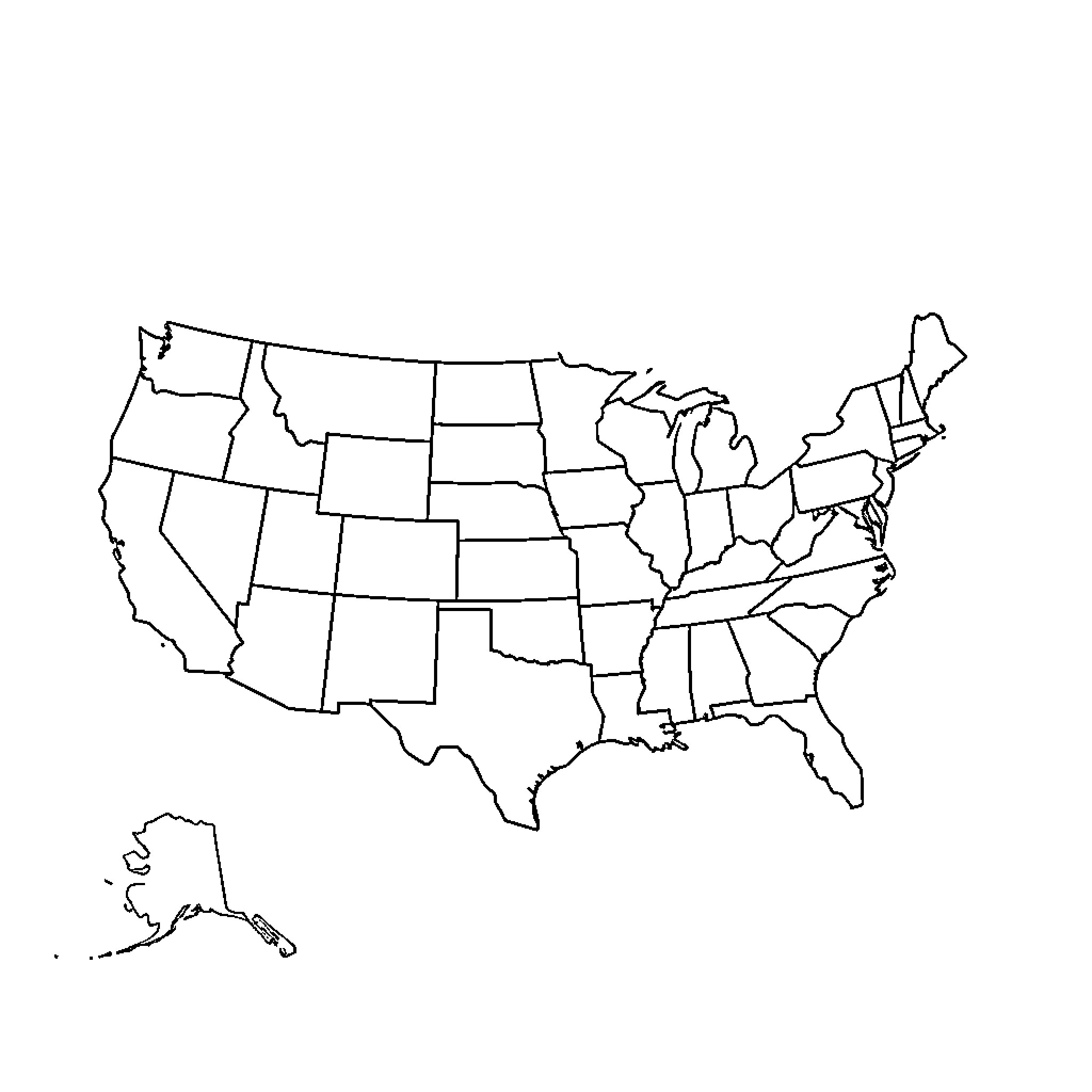 Map of United States with state outlines Coloring Page (free black-and-white line drawing printable PDF for all, from beginners to advanced learners, including children, teens, adults, and seniors)