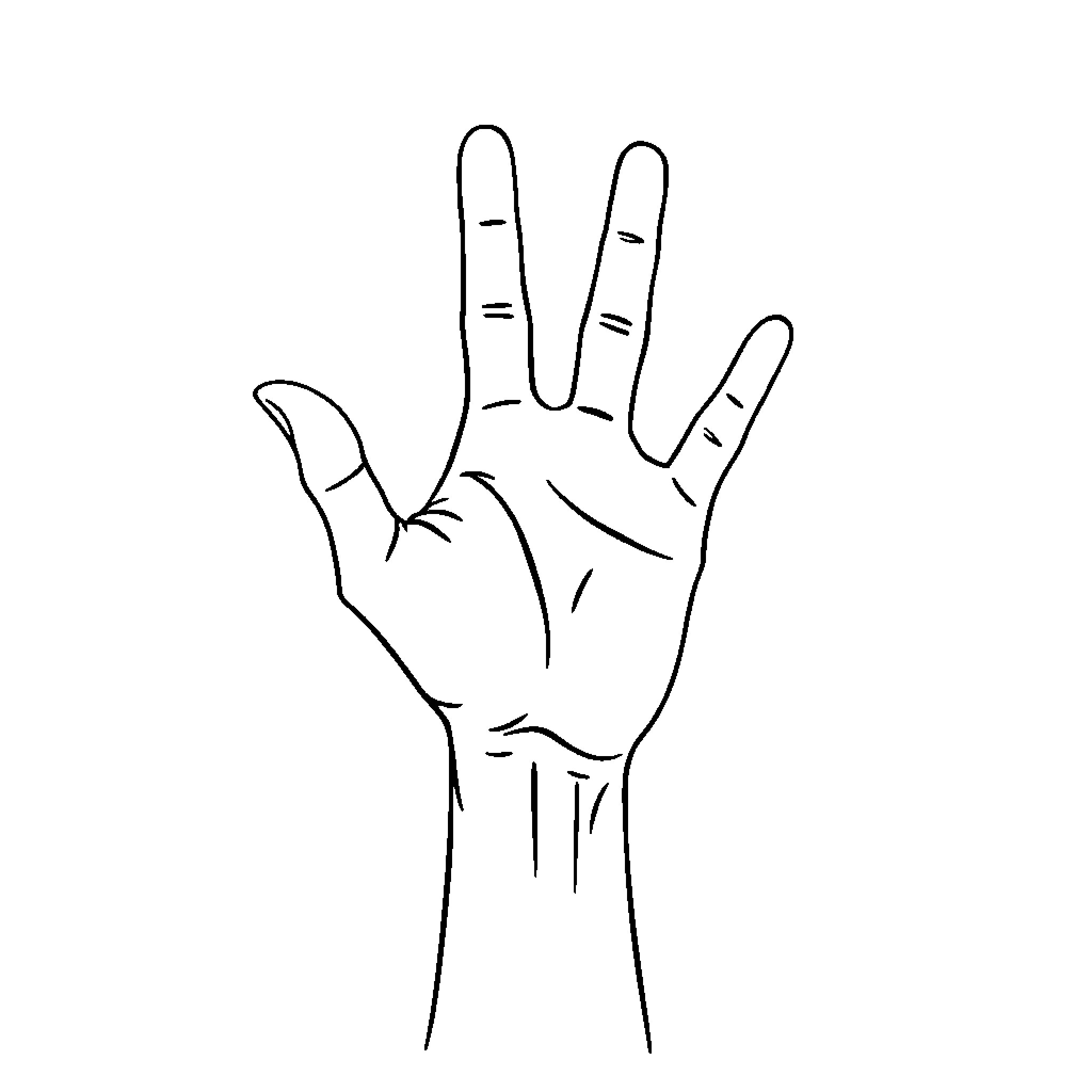 Hand gesturing sign of peace and unity Coloring Page (free black-and-white line drawing printable PDF for all, from beginners to advanced learners, including children, teens, adults, and seniors)