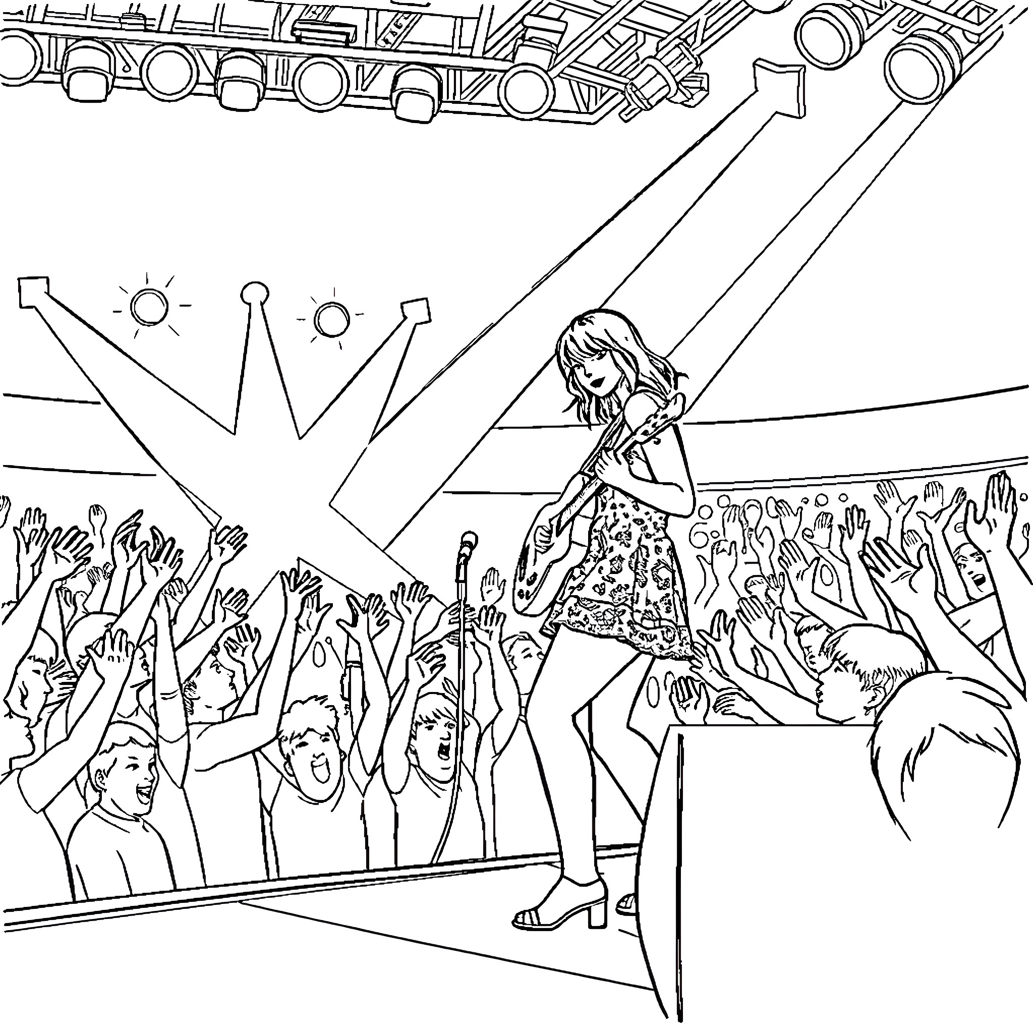 Taylor Swift performing on stage with fans Coloring Page (free black-and-white line drawing printable PDF for all, from beginners to advanced learners, including children, teens, adults, and seniors)