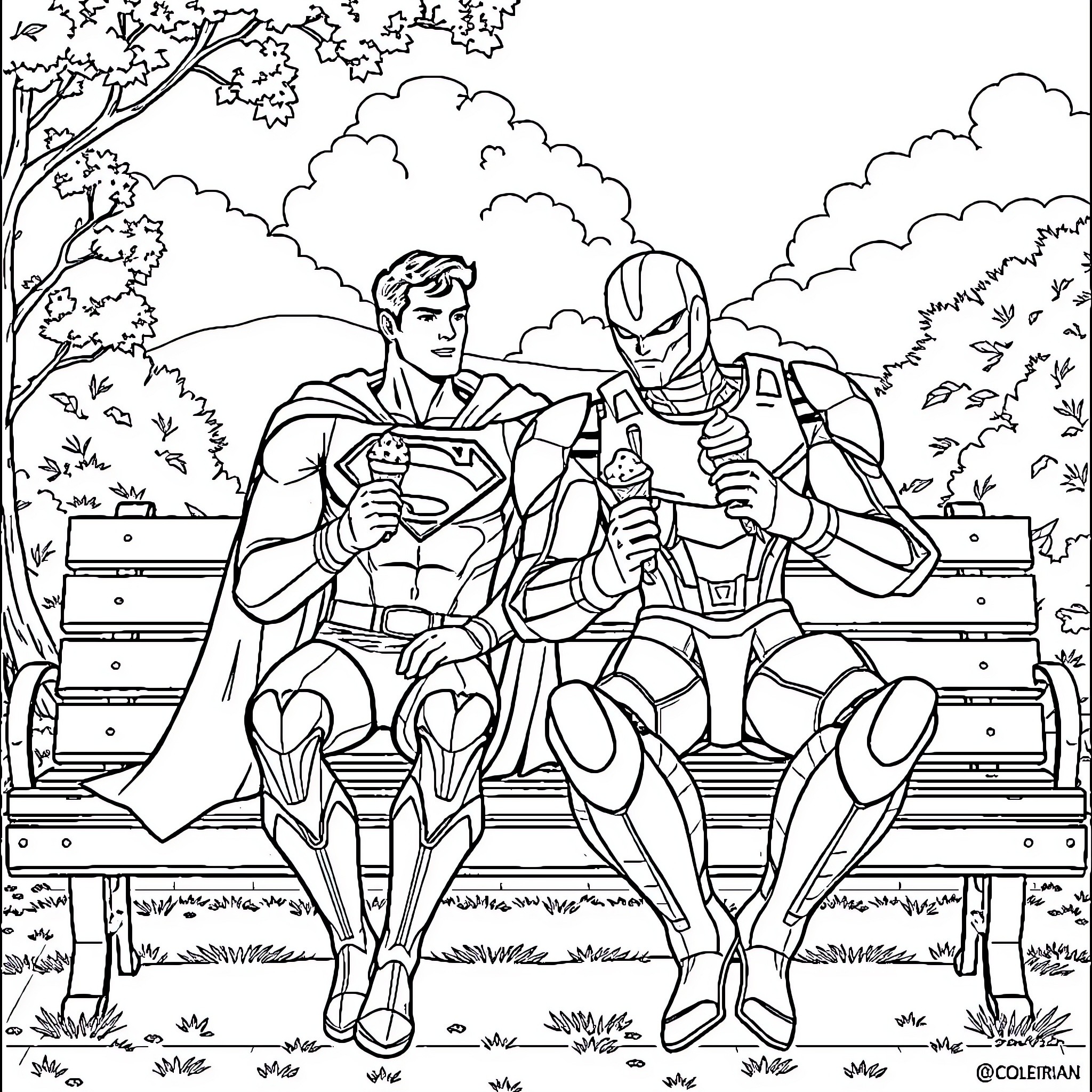 Superman and Iron Man sitting on a park bench Coloring Page (free black-and-white line drawing printable PDF for all, from beginners to advanced learners, including children, teens, adults, and seniors)