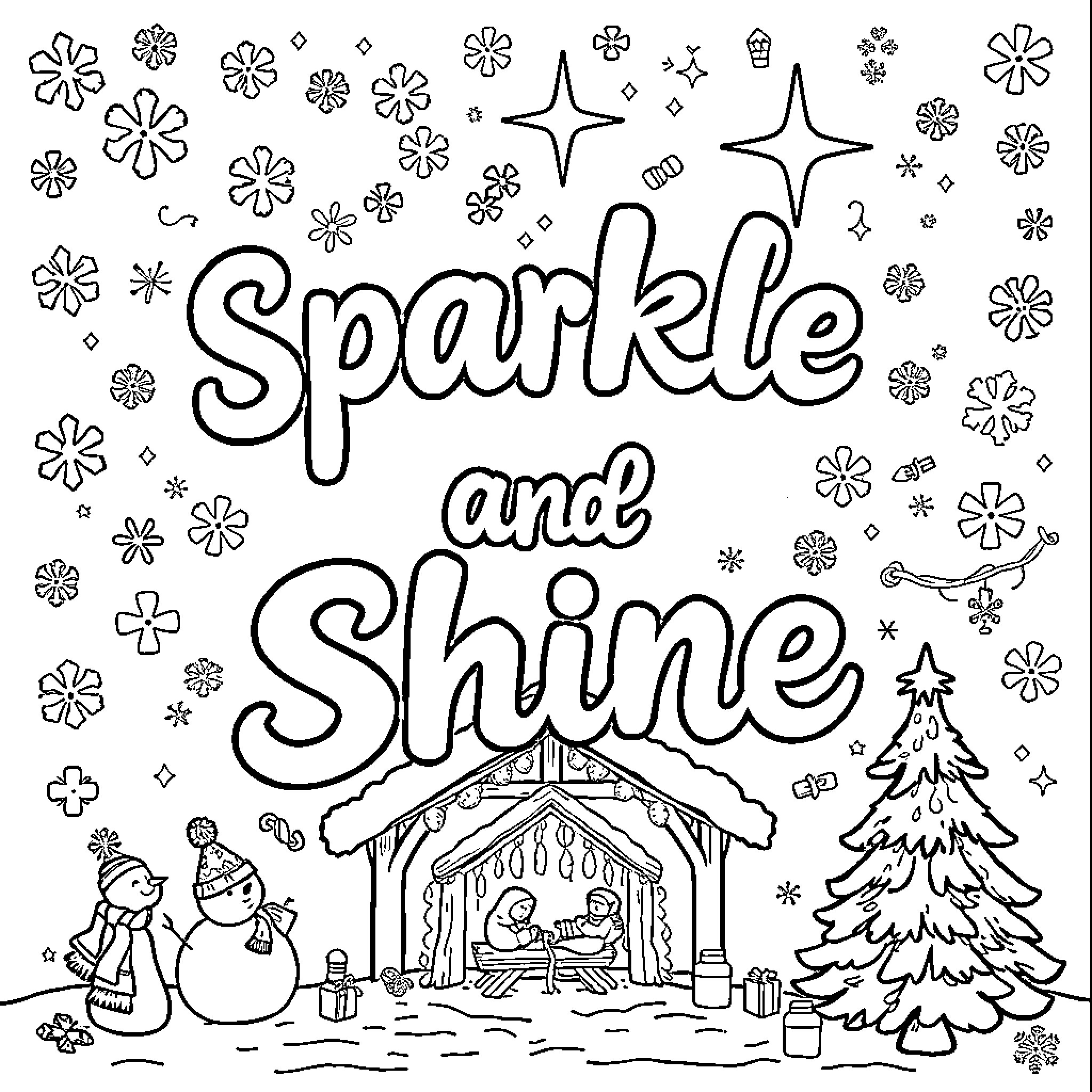 Winter scene with sparkling decorations and shining details Coloring Page (free black-and-white line drawing printable PDF for all, from beginners to advanced learners, including children, teens, adults, and seniors)