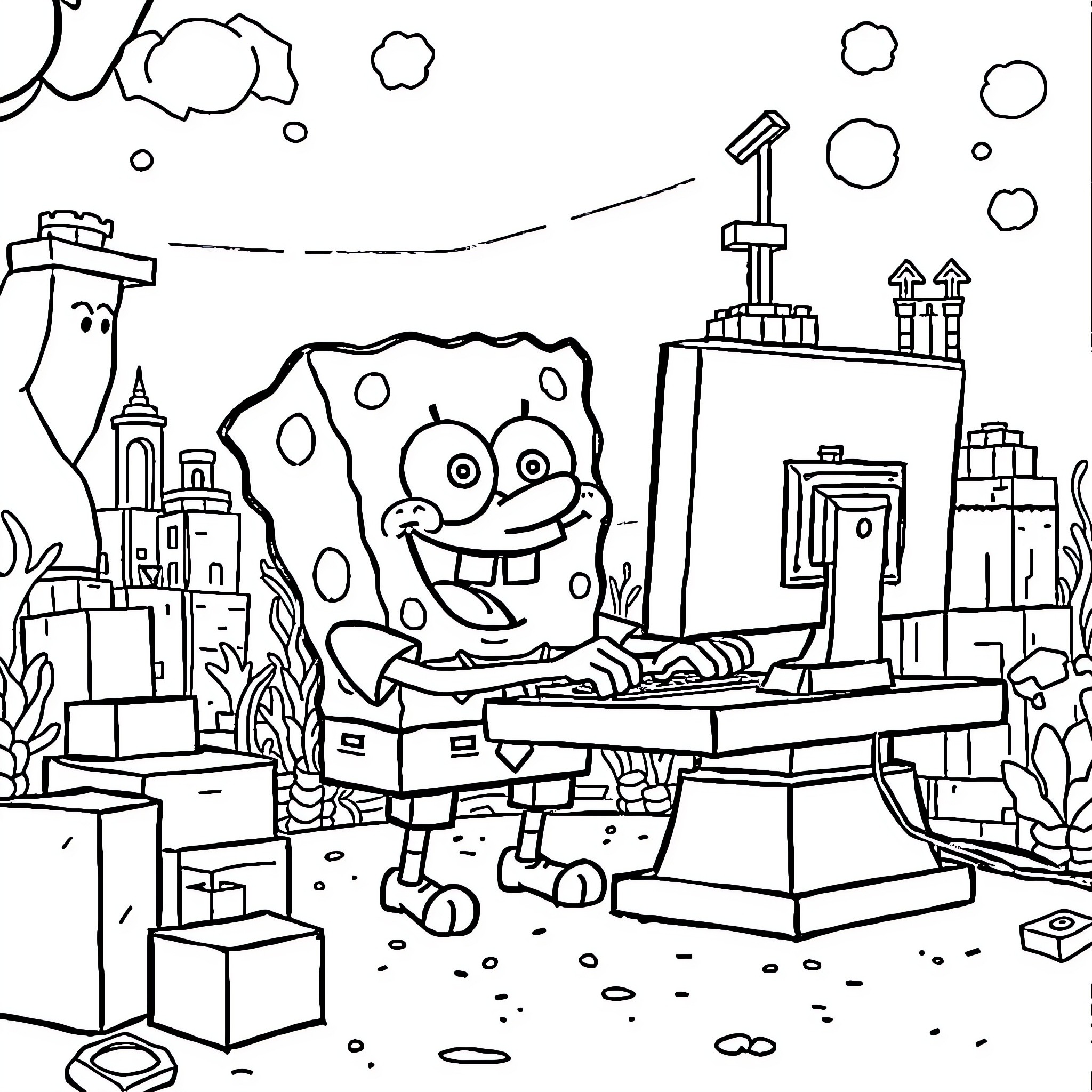 Spongebob's Underwater Adventures in Bikini Bottom Coloring Page (free black-and-white line drawing printable PDF for all, from beginners to advanced learners, including children, teens, adults, and seniors)