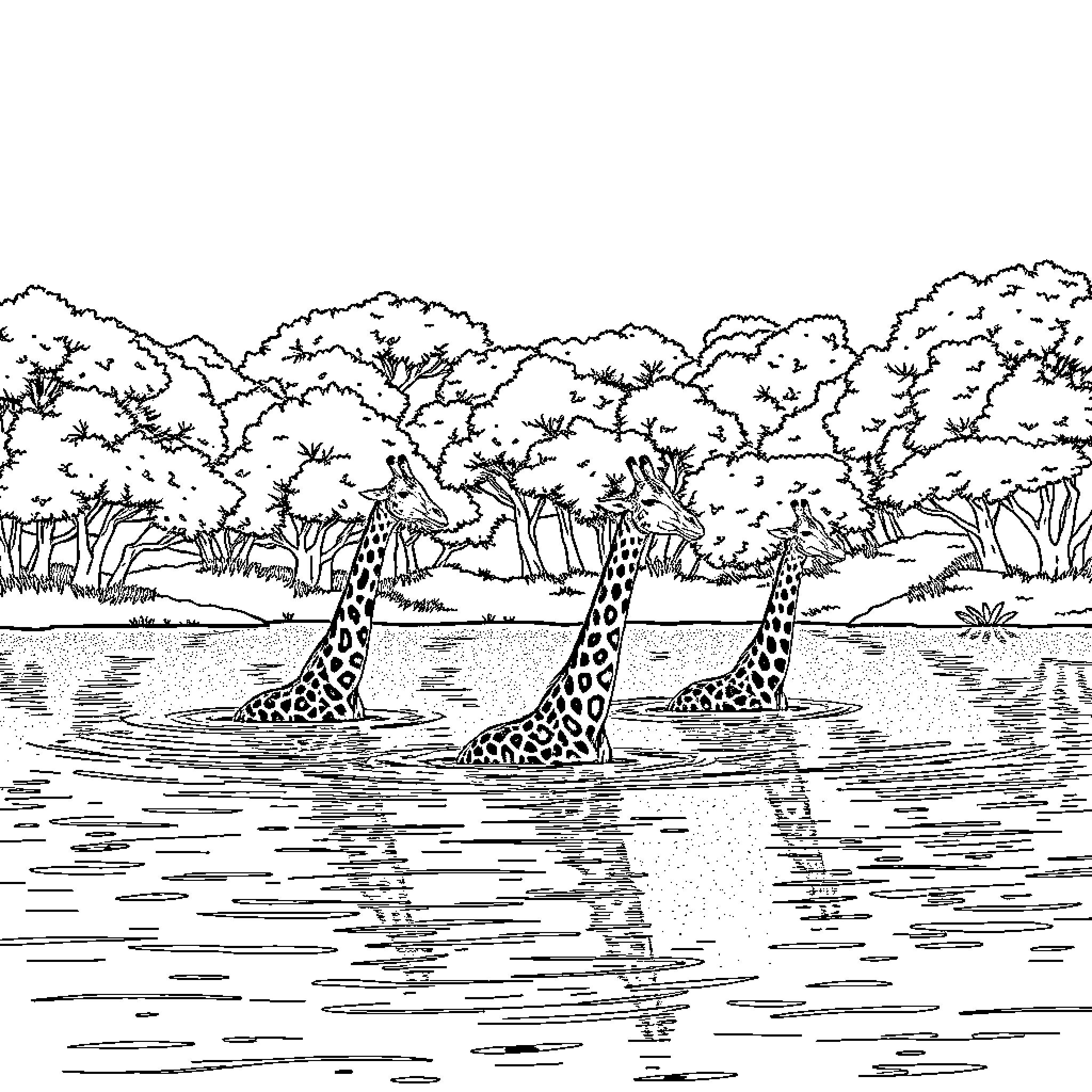 Giraffes swimming in a tropical river Coloring Page (free black-and-white line drawing printable PDF for all, from beginners to advanced learners, including children, teens, adults, and seniors)