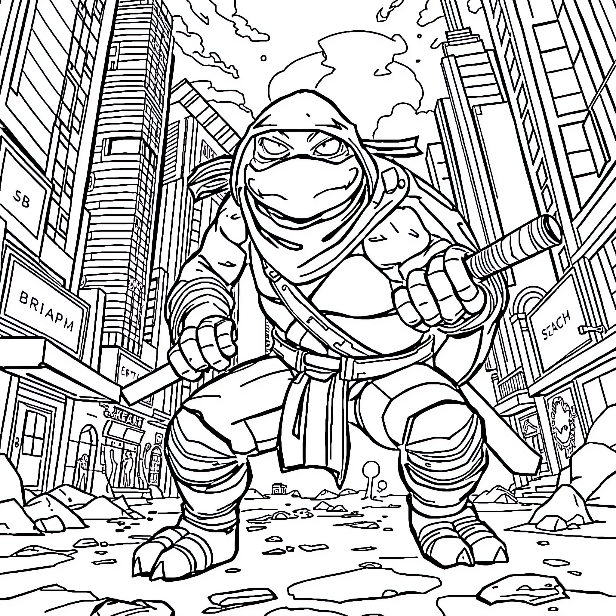 Turtle ninja warrior defending the city Coloring Page (free black-and-white line drawing printable PDF for all, from beginners to advanced learners, including children, teens, adults, and seniors)