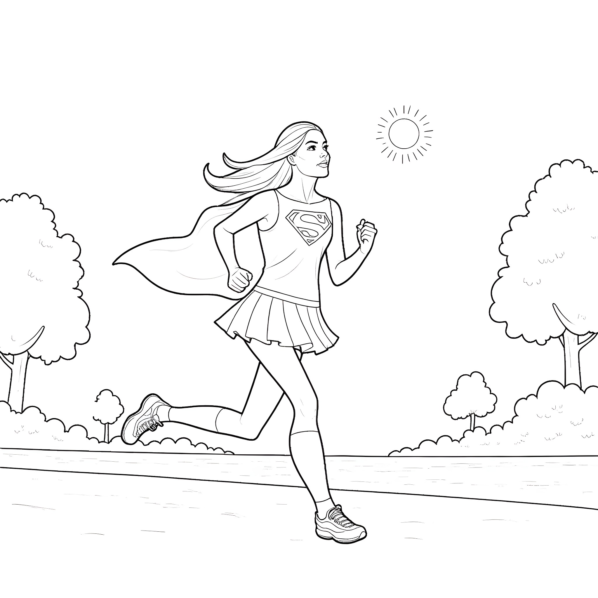 Supergirl running heroically in the park Coloring Page (free black-and-white line drawing printable PDF for all, from beginners to advanced learners, including children, teens, adults, and seniors)