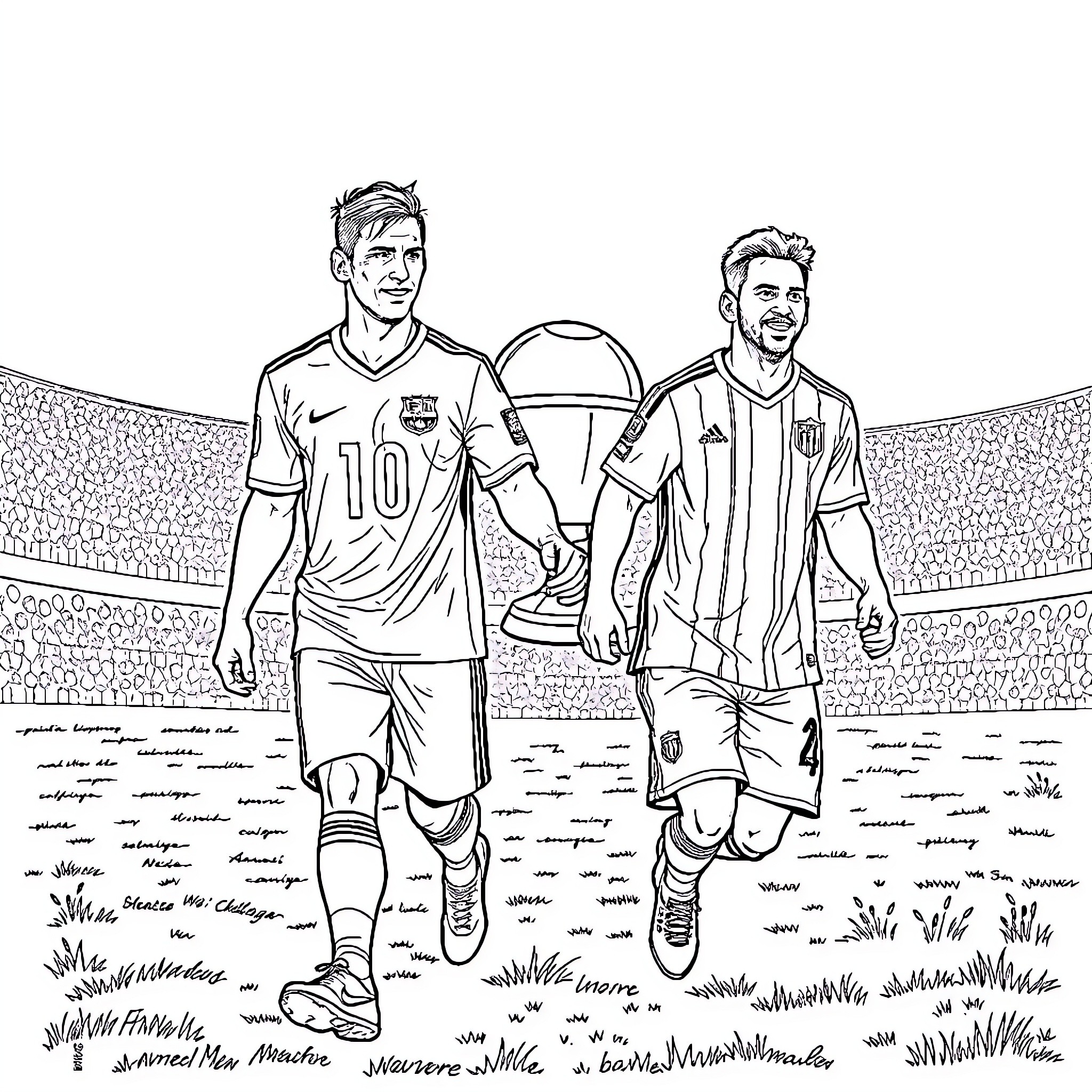 Cristiano Ronaldo and Football Players on the Field Coloring Page (free black-and-white line drawing printable PDF for all, from beginners to advanced learners, including children, teens, adults, and seniors)