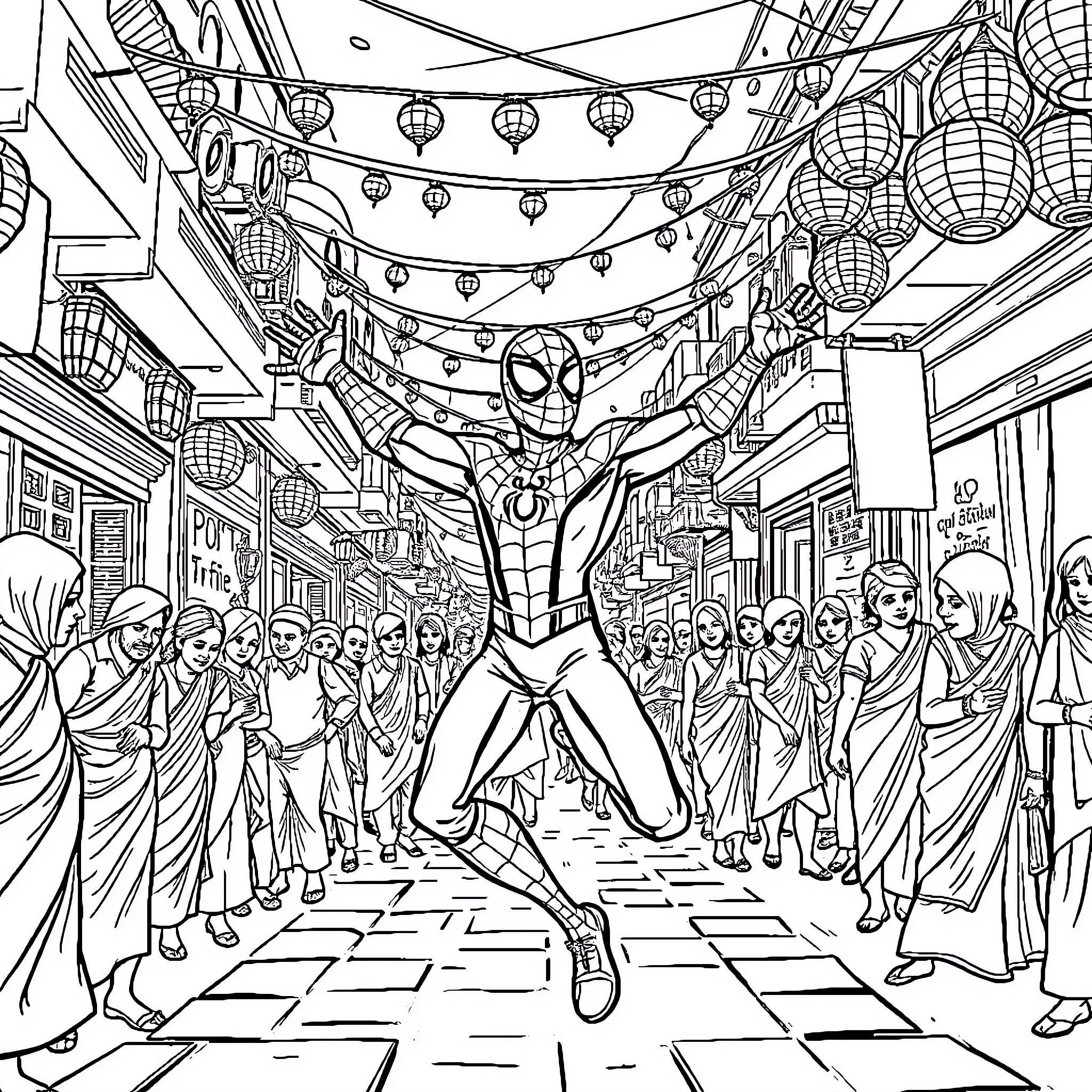 Spider-Man Celebrates Festive Occasion with Crowd Coloring Page (free black-and-white line drawing printable PDF for all, from beginners to advanced learners, including children, teens, adults, and seniors)