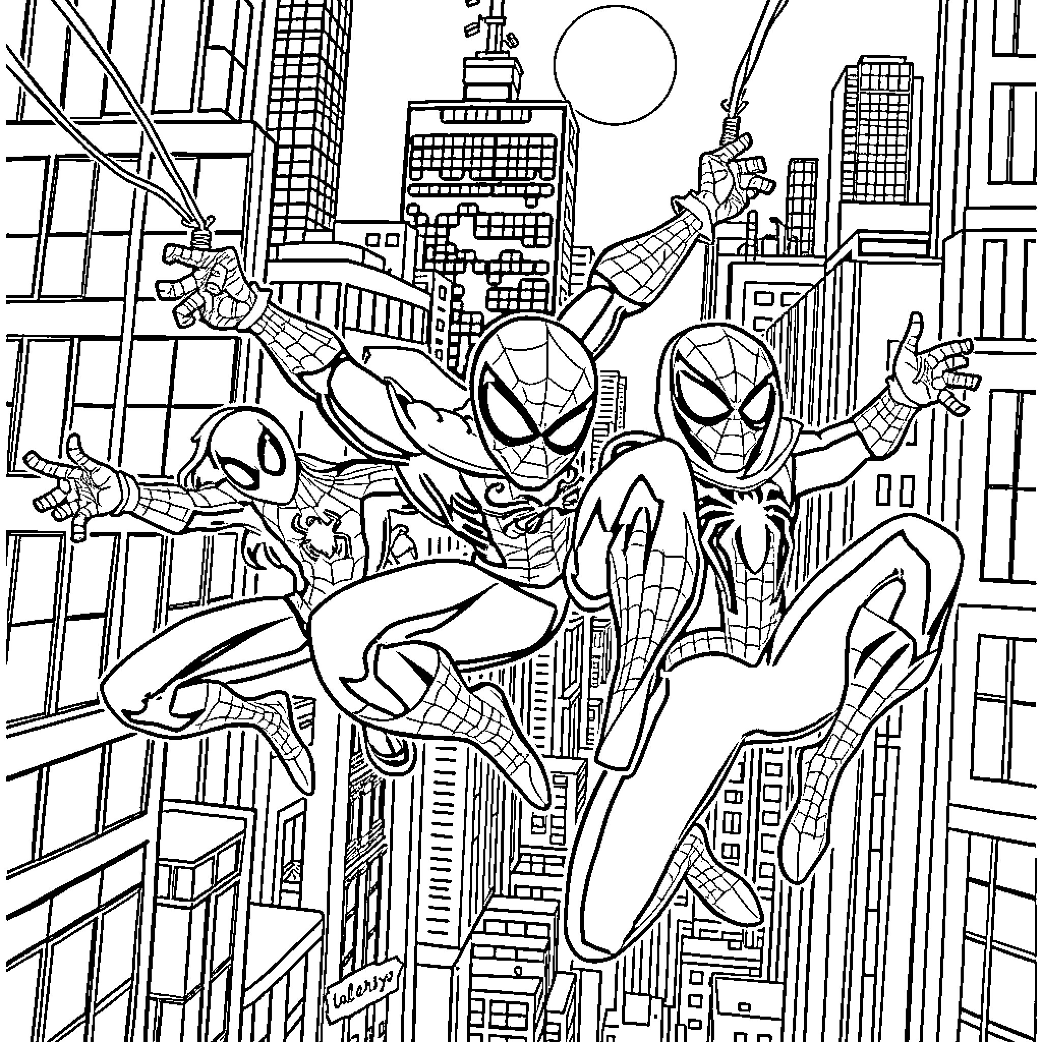 Spider Superheroes Swinging Through City Skyline Coloring Page (free black-and-white line drawing printable PDF for all, from beginners to advanced learners, including children, teens, adults, and seniors)
