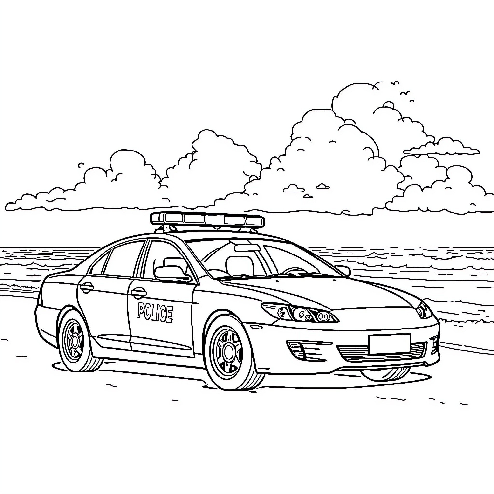 Police Car Patrolling Coastal Scenery Coloring Page (free black-and-white line drawing printable PDF for all, from beginners to advanced learners, including children, teens, adults, and seniors)