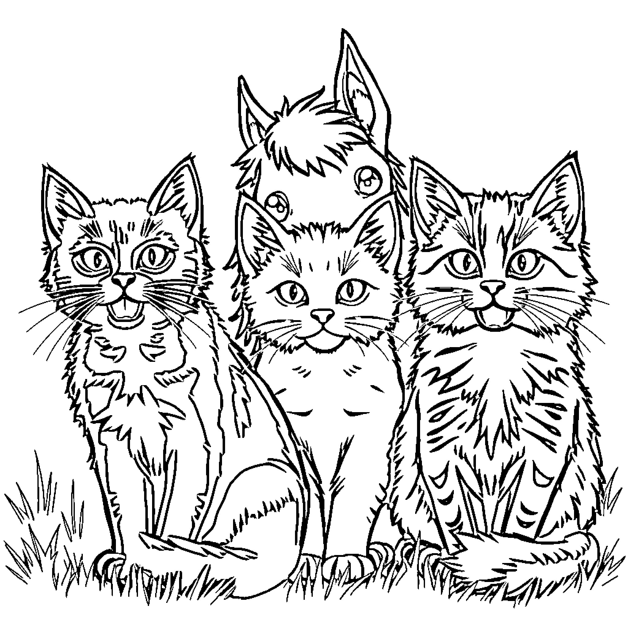 Cat trio posing playfully in the grass Coloring Page (free black-and-white line drawing printable PDF for all, from beginners to advanced learners, including children, teens, adults, and seniors)